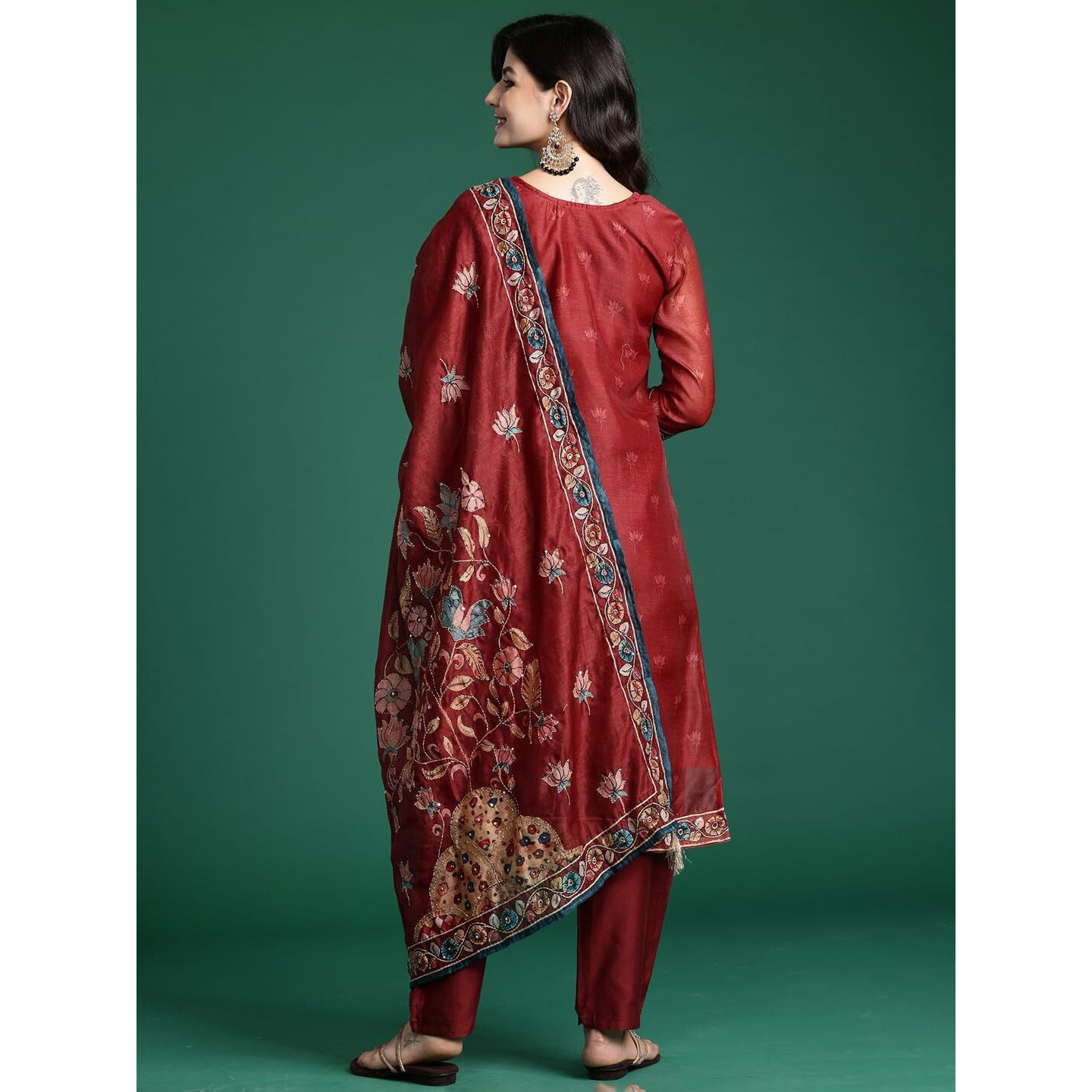 Indo Era Women's Chanderi Silk Embroidered Straight Kurta & Pant With Dupatta Set (Kh9Mr6818_Xx-Large)