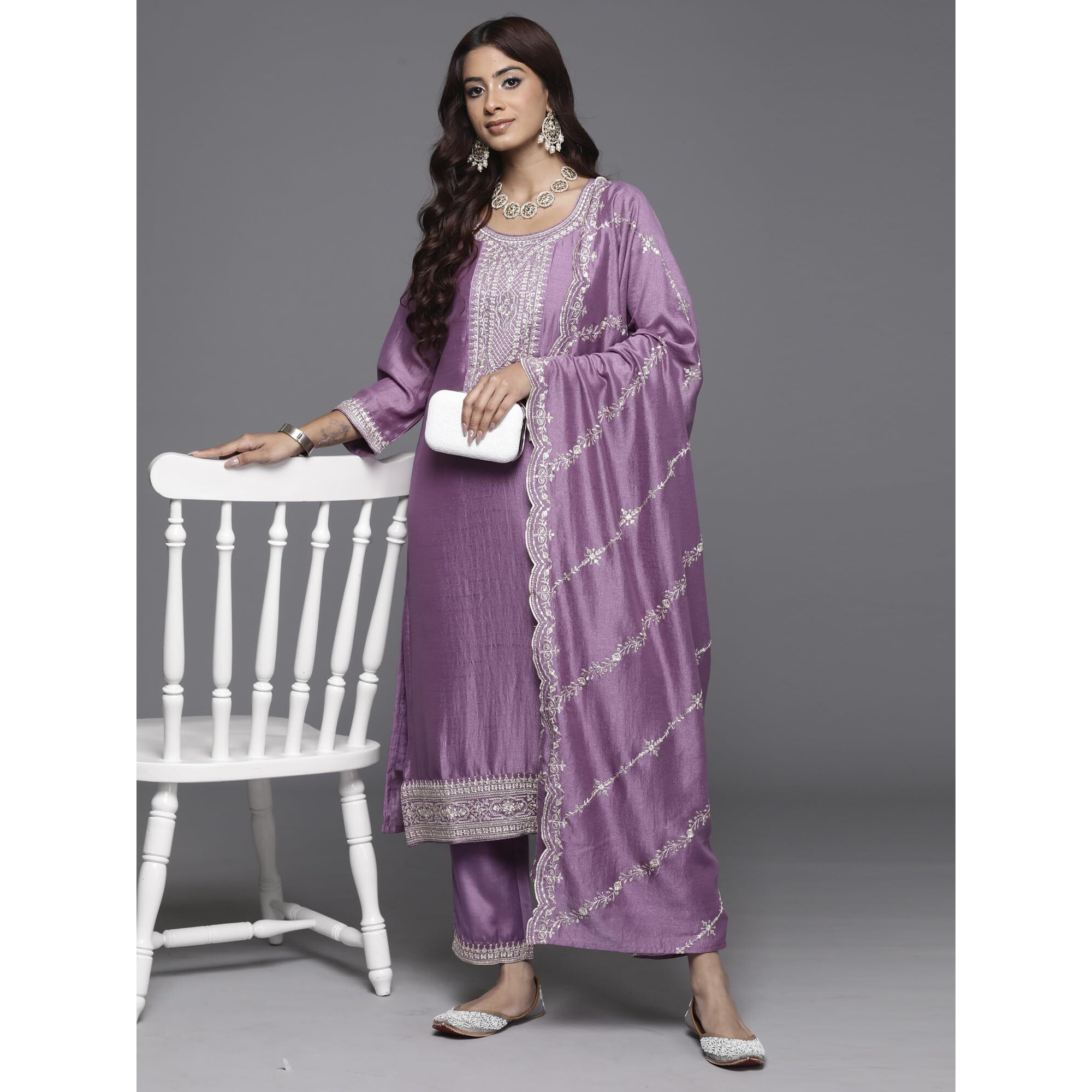 Indo Era Women's Embroidered Silk Blend Calf Length Straight Kurta Pant With Dupatta Set (Kh9Lv7478_X-Large), Lavender