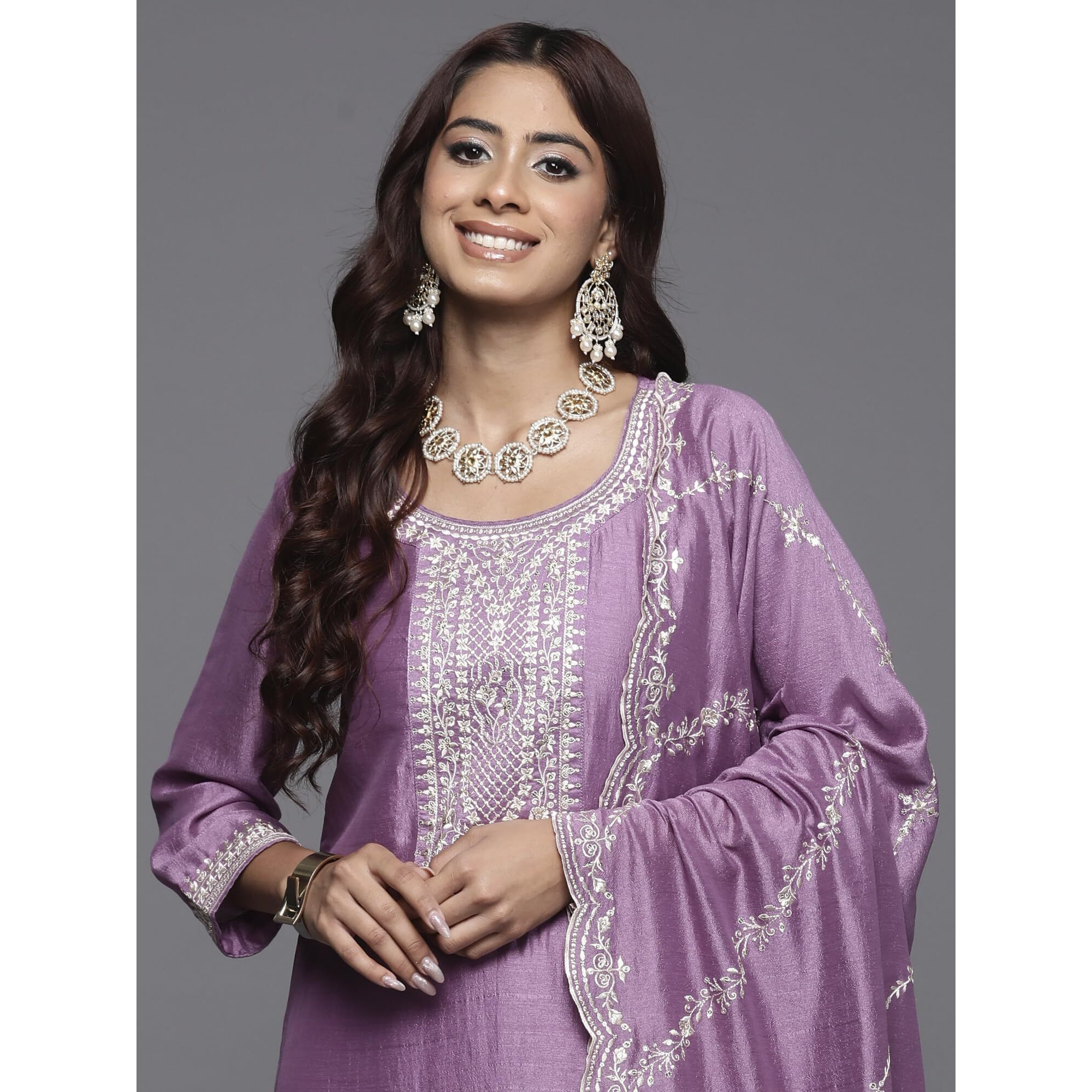 Indo Era Women's Embroidered Silk Blend Calf Length Straight Kurta Pant With Dupatta Set (Kh9Lv7478_X-Large), Lavender
