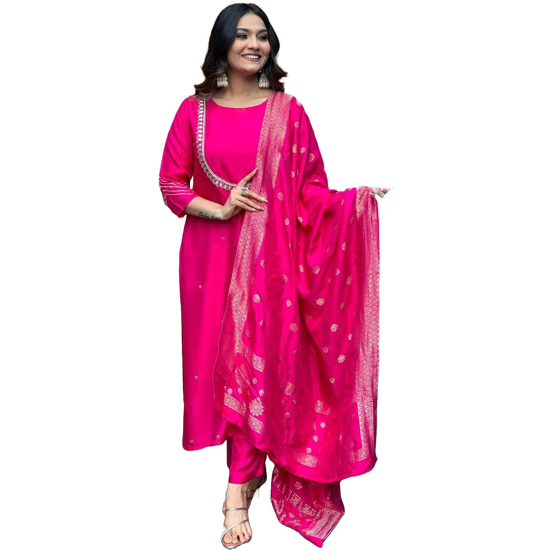 Gosriki Women's Silk Blend Straight Embroidered Kurta With Pant & Dupatta (Deluxe Pink-Vks01-Gs_Xl_Pink_X-Large)