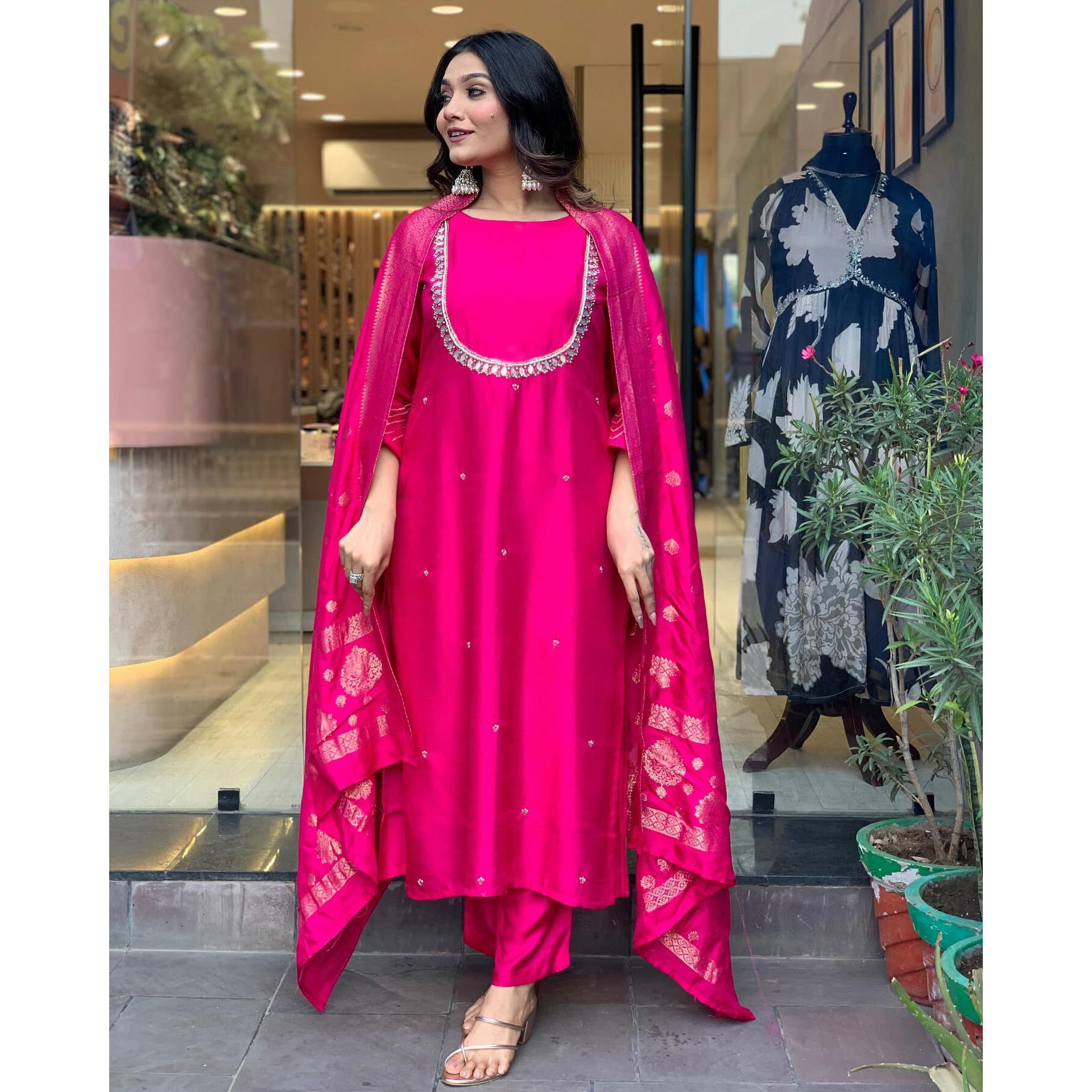 Gosriki Women's Silk Blend Straight Embroidered Kurta With Pant & Dupatta (Deluxe Pink-Vks01-Gs_Xl_Pink_X-Large)