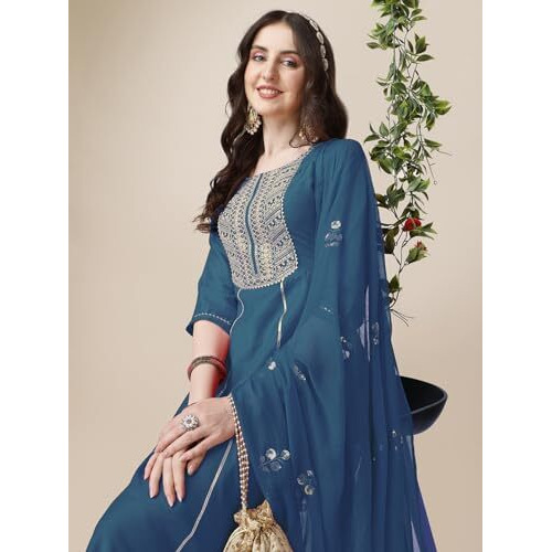Ethnicjunction Women's Cotton Silk Eid Special Embroidered Kurta Palazzo And Dupatta Set | Eid Outfits For Women Teal