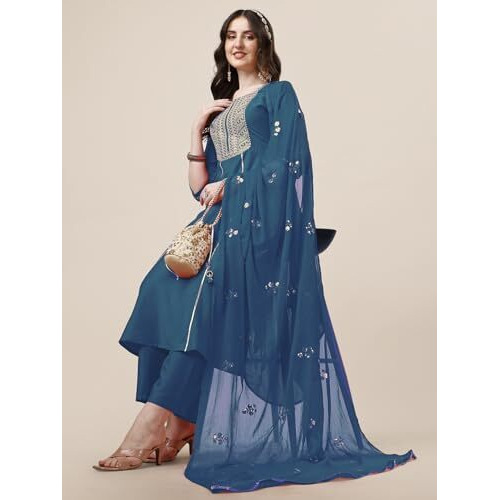 Ethnicjunction Women's Cotton Silk Eid Special Embroidered Kurta Palazzo And Dupatta Set | Eid Outfits For Women Teal