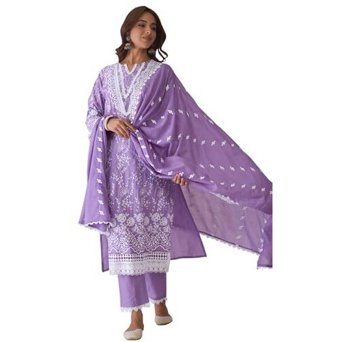 Indo Era Women's Embroidered Pure Cotton Kurta & Pant With Dupatta Set (Kh0Pr6073_Xx-Large)