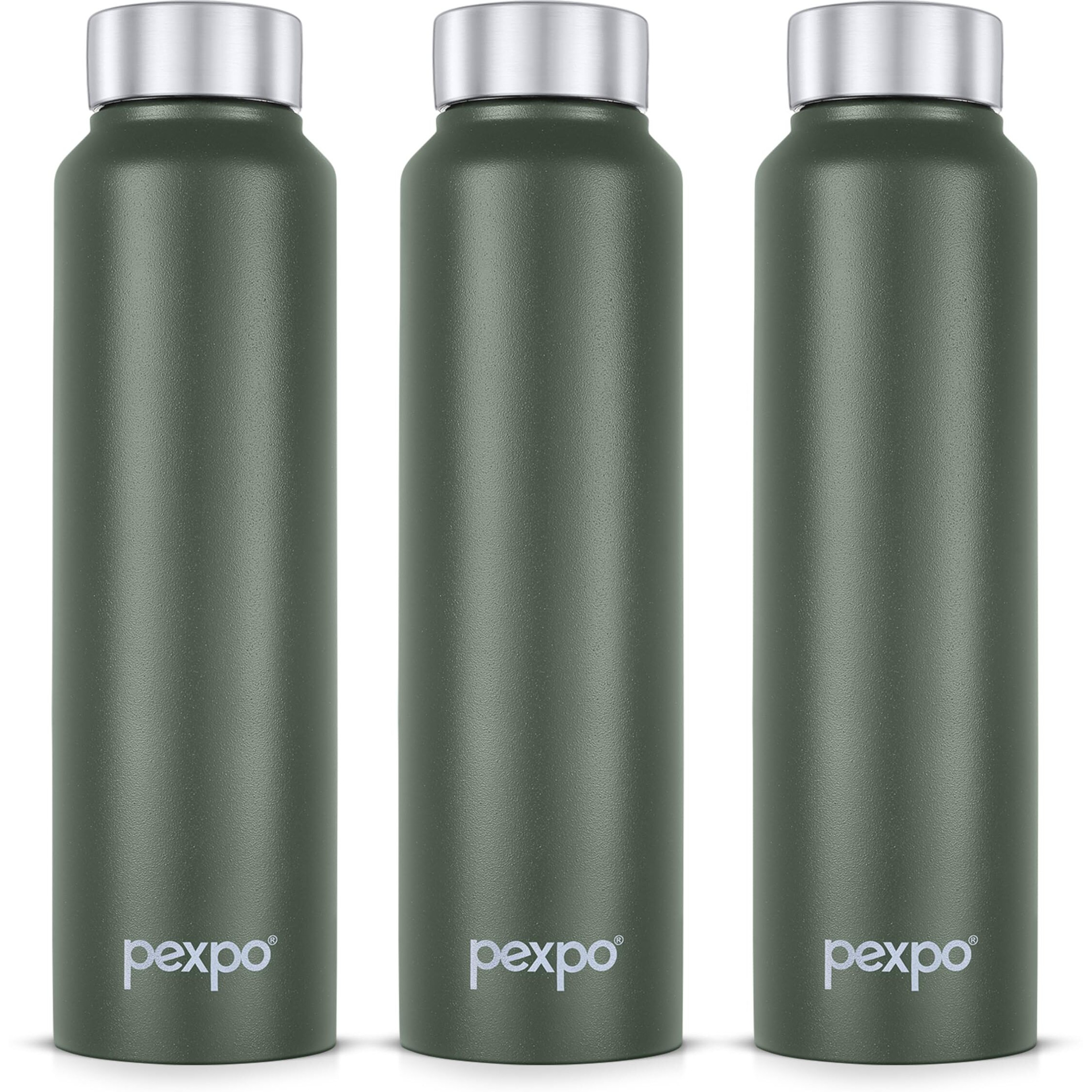 Pexpo Chromo Stainless Steel Sports/Fridge Water Bottle 1 Litre, Military Green Pack Of 3 | Eco Friendly | Bpa Free | Water Bottle For Office, Gym, School, Yoga, Trekking, Men, Women And Kids
