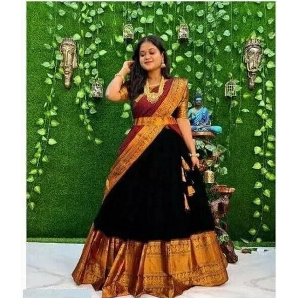 Zerico Women's Indian Traditional Kanjivaram Kanchipuram Silk Pure Zari Weaving Lehenga Choli And Havay Zari Work Dupatta With Blouse (All Unstitched) (Half Saree) (Black)