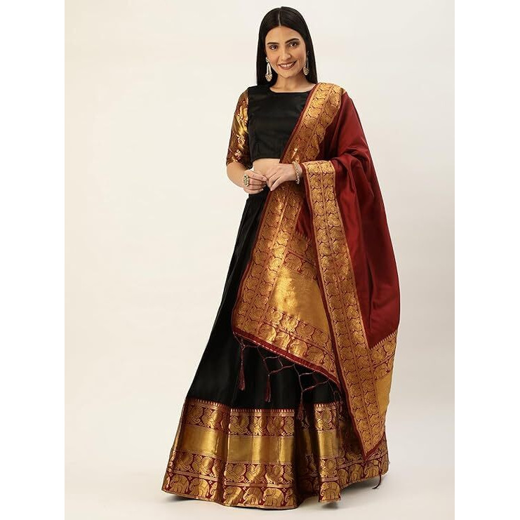 Zerico Women's Indian Traditional Kanjivaram Kanchipuram Silk Pure Zari Weaving Lehenga Choli And Havay Zari Work Dupatta With Blouse (All Unstitched) (Half Saree) (Black)
