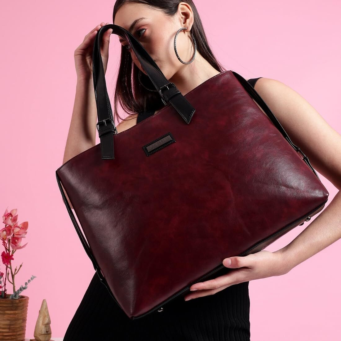 Vismiintrend Vegan Leather Tote Shoulder Bags For Women Office Use, Fits Upto 15.6 Inch Macbook Laptops, Work/Travel/College, Ladies Stylish Totes Purse Handbag, Gifts For Wife/Sisters (Wine)