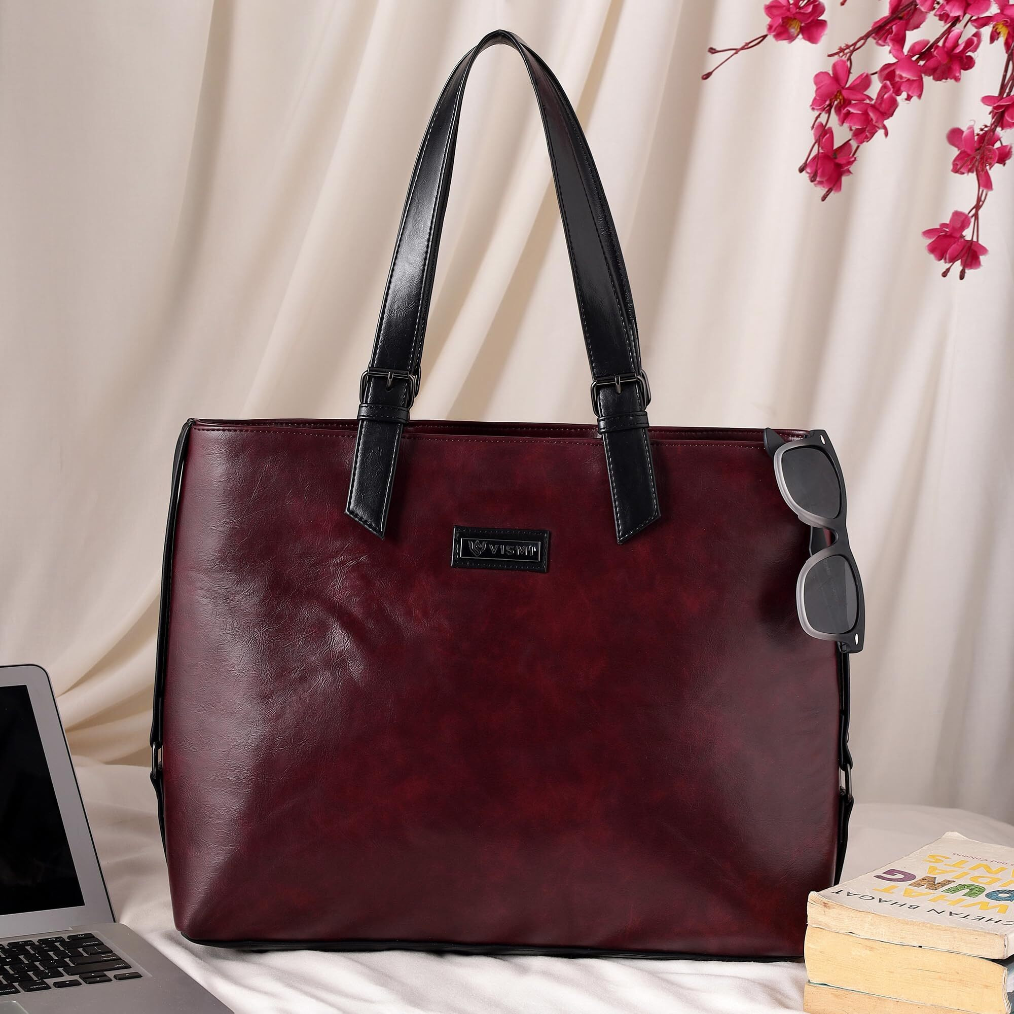 Vismiintrend Vegan Leather Tote Shoulder Bags For Women Office Use, Fits Upto 15.6 Inch Macbook Laptops, Work/Travel/College, Ladies Stylish Totes Purse Handbag, Gifts For Wife/Sisters (Wine)