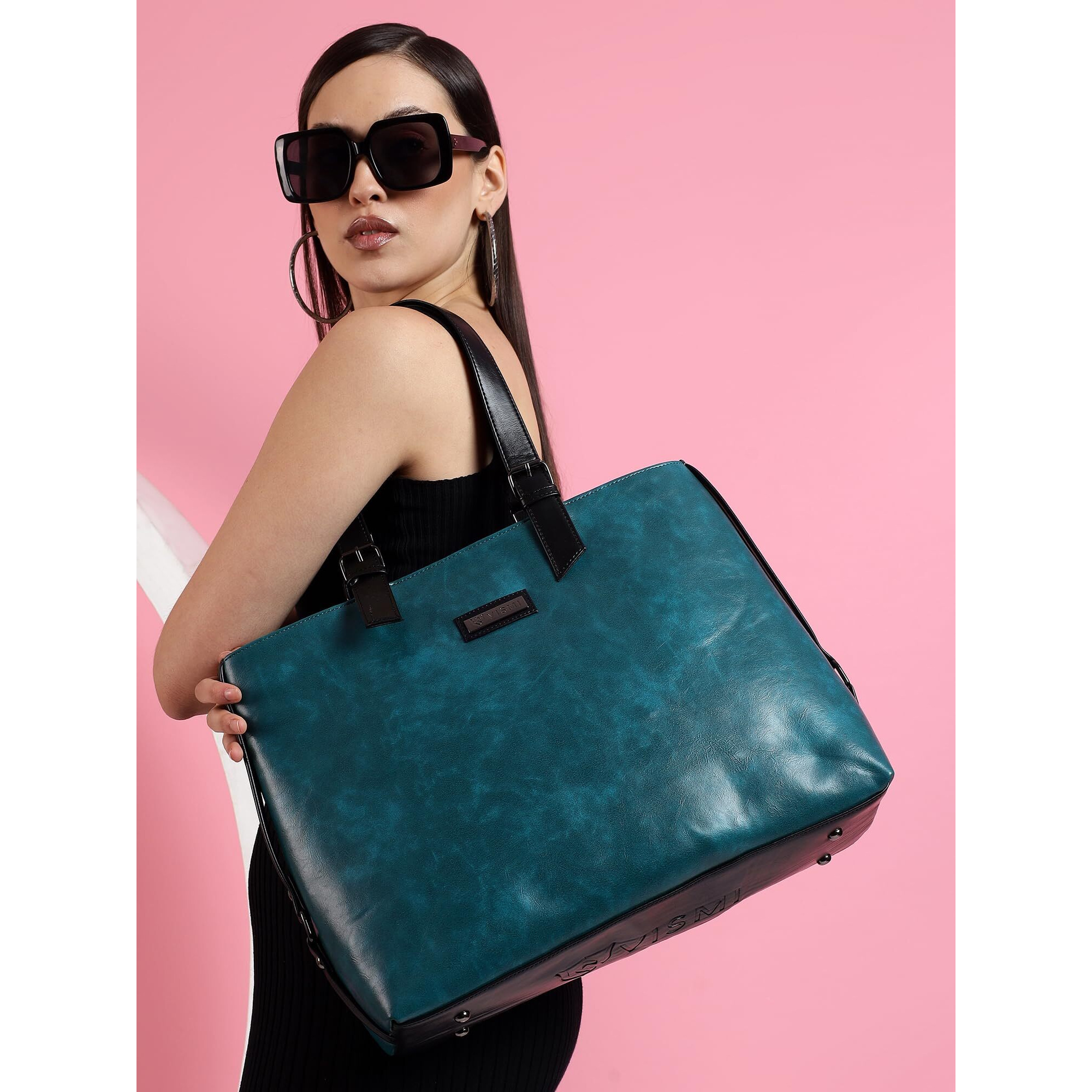 Vismiintrend Vegan Leather Tote Shoulder Bags For Women Office Use, Fits Upto 15.6 Inch Macbook Laptops, Work/Travel/College, Ladies Stylish Totes Purse Handbag, Gifts For Wife/Sisters (Teal Blue)