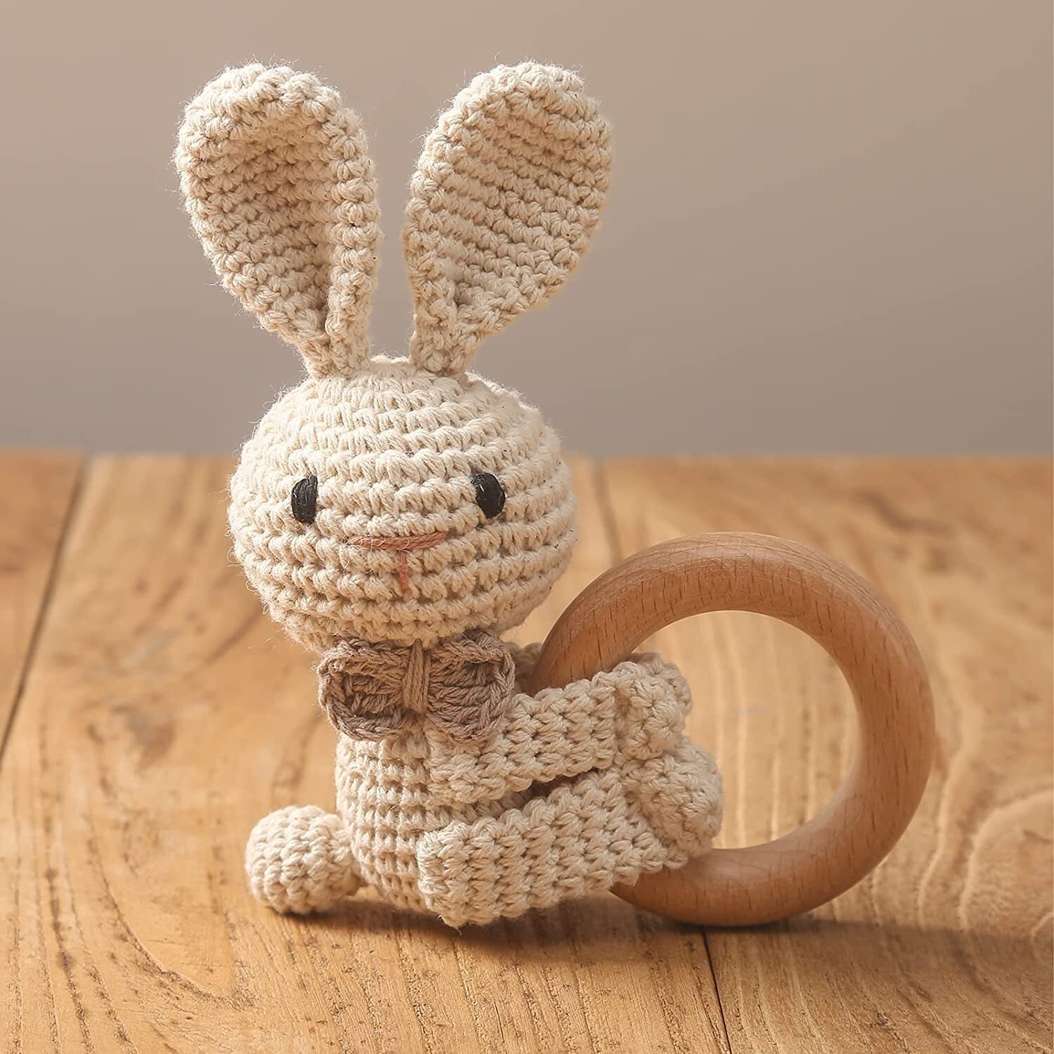 Sycamore East Wooden Baby Rattle Crochet Fox Baby Toys Handmade Newborn Toy Early Development Grips Stuffed Animal Organic Rattle (Rabbit)
