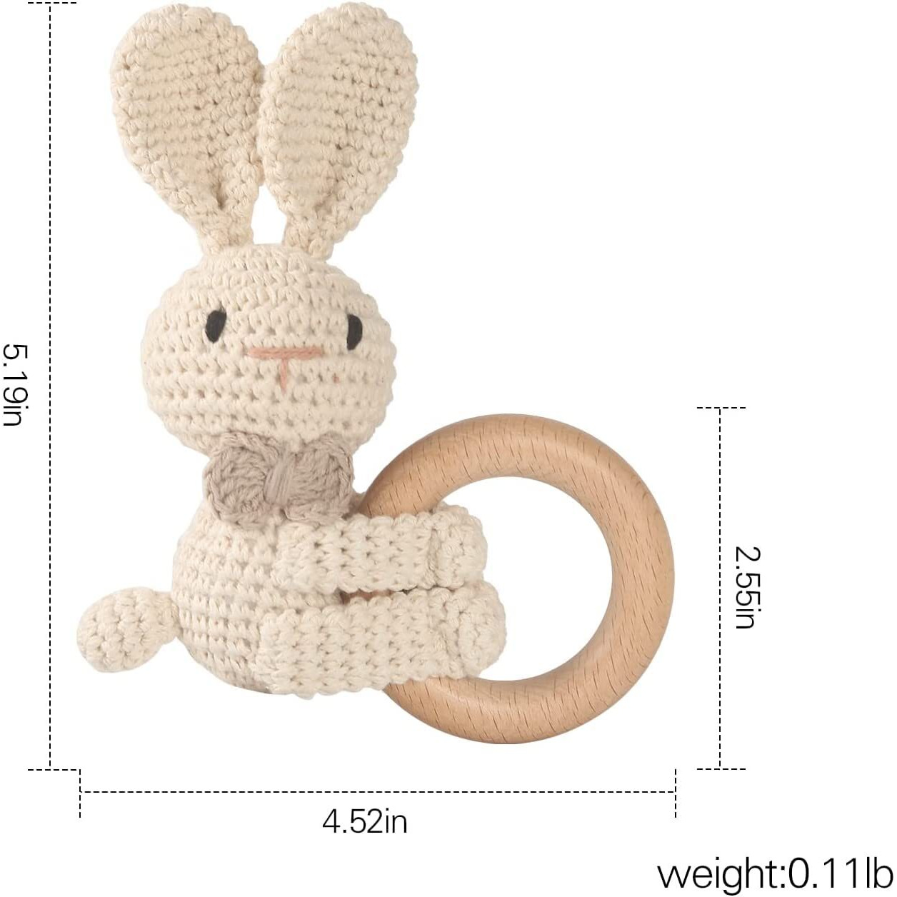 Sycamore East Wooden Baby Rattle Crochet Fox Baby Toys Handmade Newborn Toy Early Development Grips Stuffed Animal Organic Rattle (Rabbit)