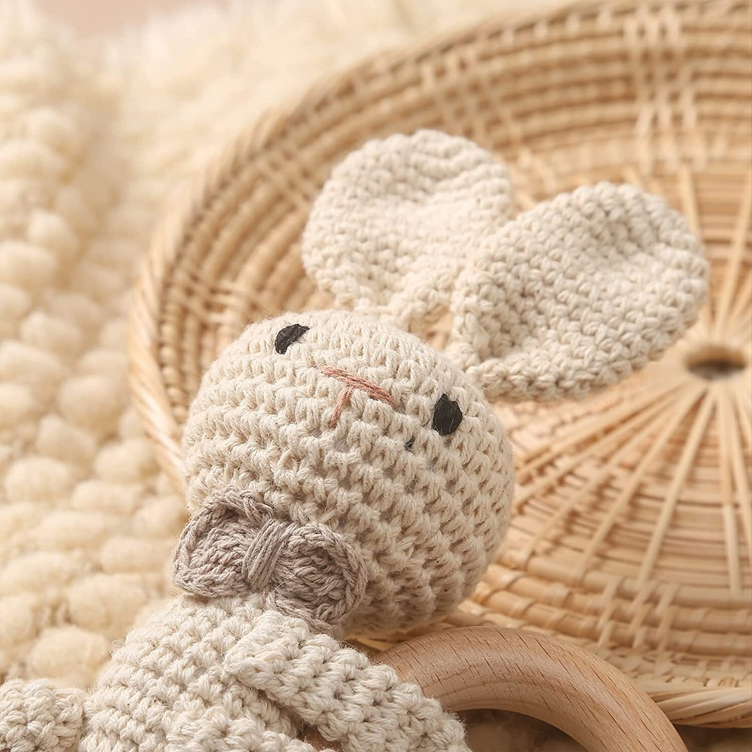 Sycamore East Wooden Baby Rattle Crochet Fox Baby Toys Handmade Newborn Toy Early Development Grips Stuffed Animal Organic Rattle (Rabbit)