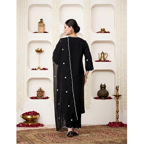 Amazon Brand - Myx Women's Embroidered Kurta Pant Set With Organza Dupatta (Ss25-Myx-Sur-Ks-17_Black_L)