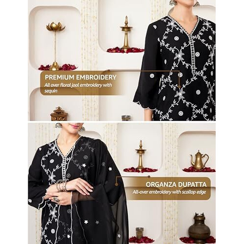 Amazon Brand - Myx Women's Embroidered Kurta Pant Set With Organza Dupatta (Ss25-Myx-Sur-Ks-17_Black_L)