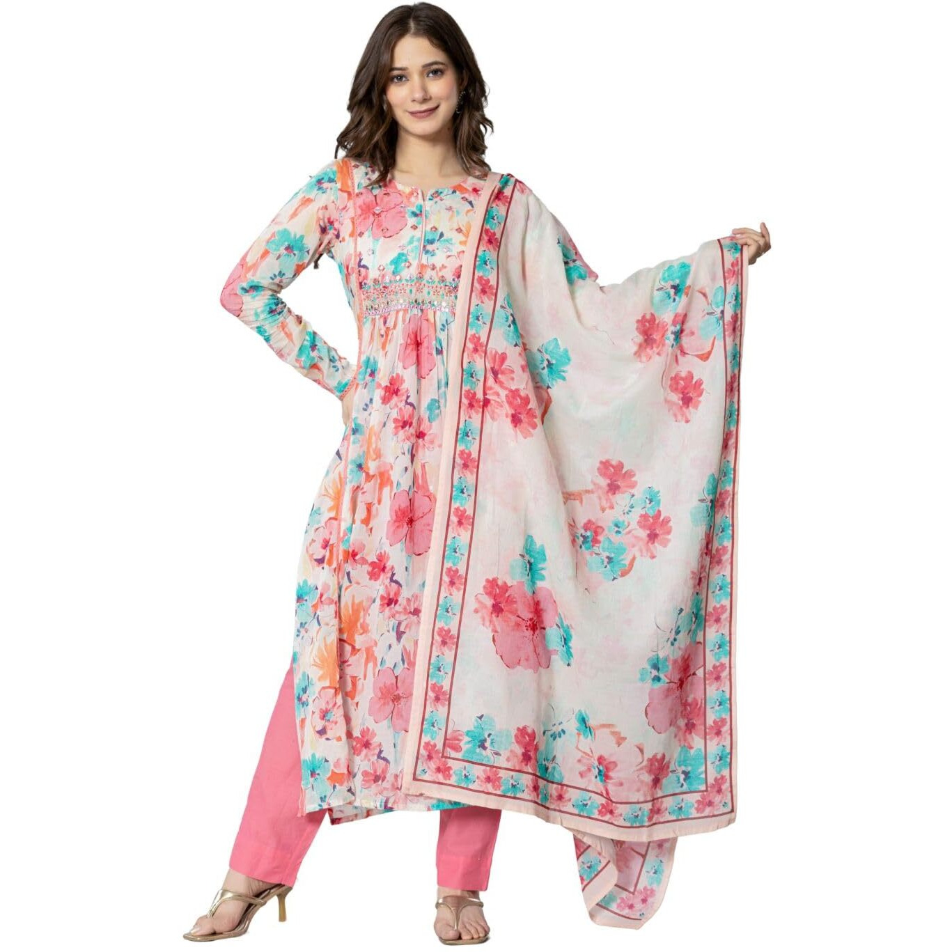 Amayra Women's Printed Embroidered Kurta With Pant And Dupatta Set(Tck555,Pink,Xxl)