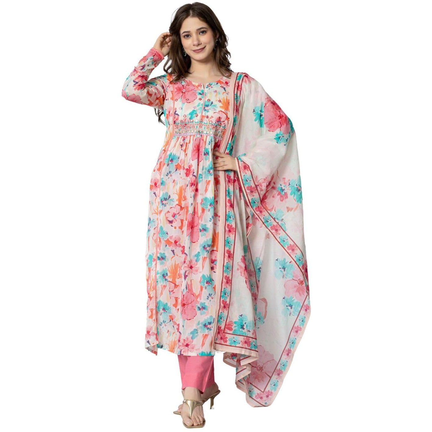 Amayra Women's Printed Embroidered Kurta With Pant And Dupatta Set(Tck555,Pink,Xxl)