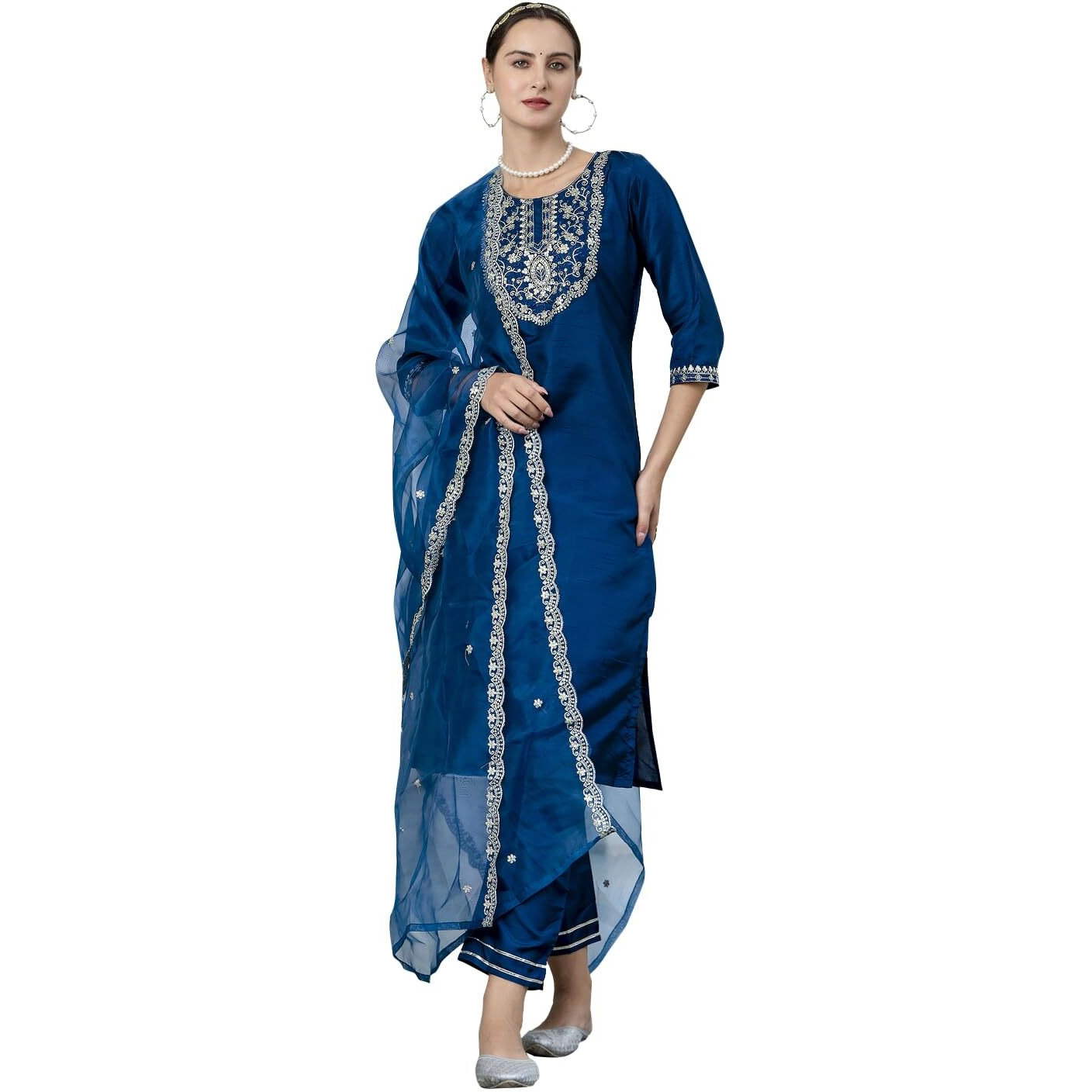 Vredevogel Kurta Set With Dupatta | Embroidered Silk Blend Straight Kurta Pant Set For Women | Women's Ethnic Casual Kurti Set (Teal-Blue_Large)
