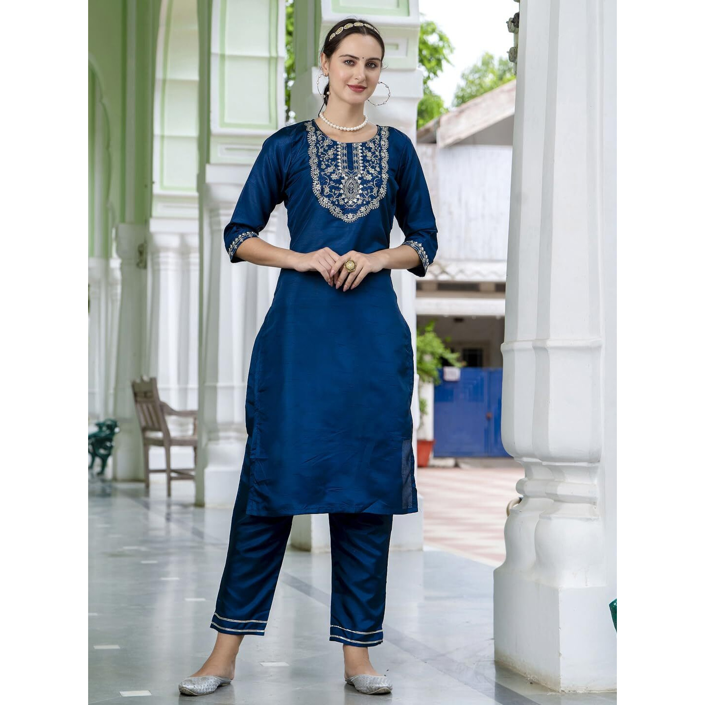 Vredevogel Kurta Set With Dupatta | Embroidered Silk Blend Straight Kurta Pant Set For Women | Women's Ethnic Casual Kurti Set (Teal-Blue_Large)