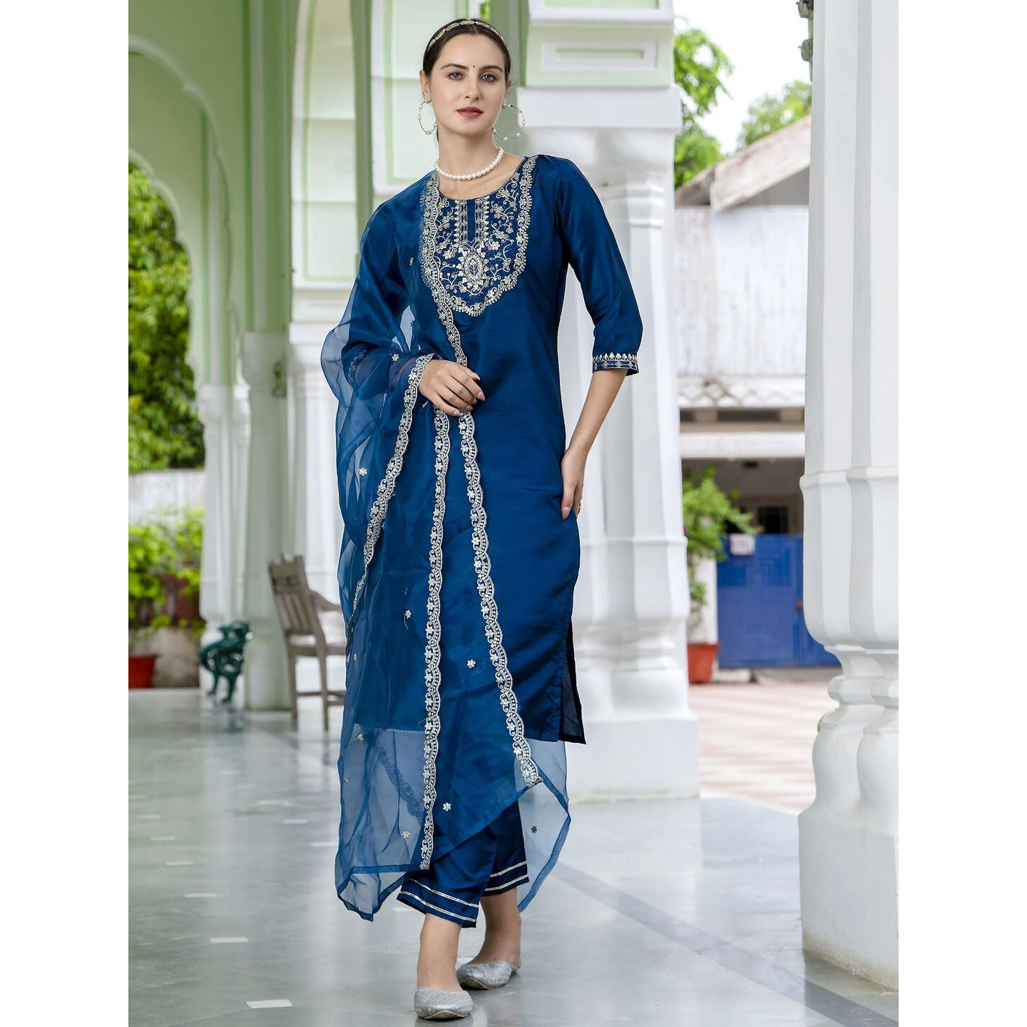 Vredevogel Kurta Set With Dupatta | Embroidered Silk Blend Straight Kurta Pant Set For Women | Women's Ethnic Casual Kurti Set (Teal-Blue_Large)