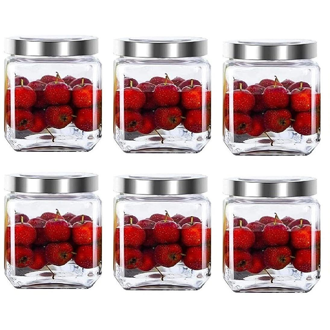 Feelopie Piramal Glass Square Clear Jars&Containers For Kitchen Pantry,Snacks,Masala,Honey,Pickles,Cookies,Dry Fruits,&Coffee Beans Storage With Stainless Steel Lid (Cube Jar) (600Ml,Set Of 4)