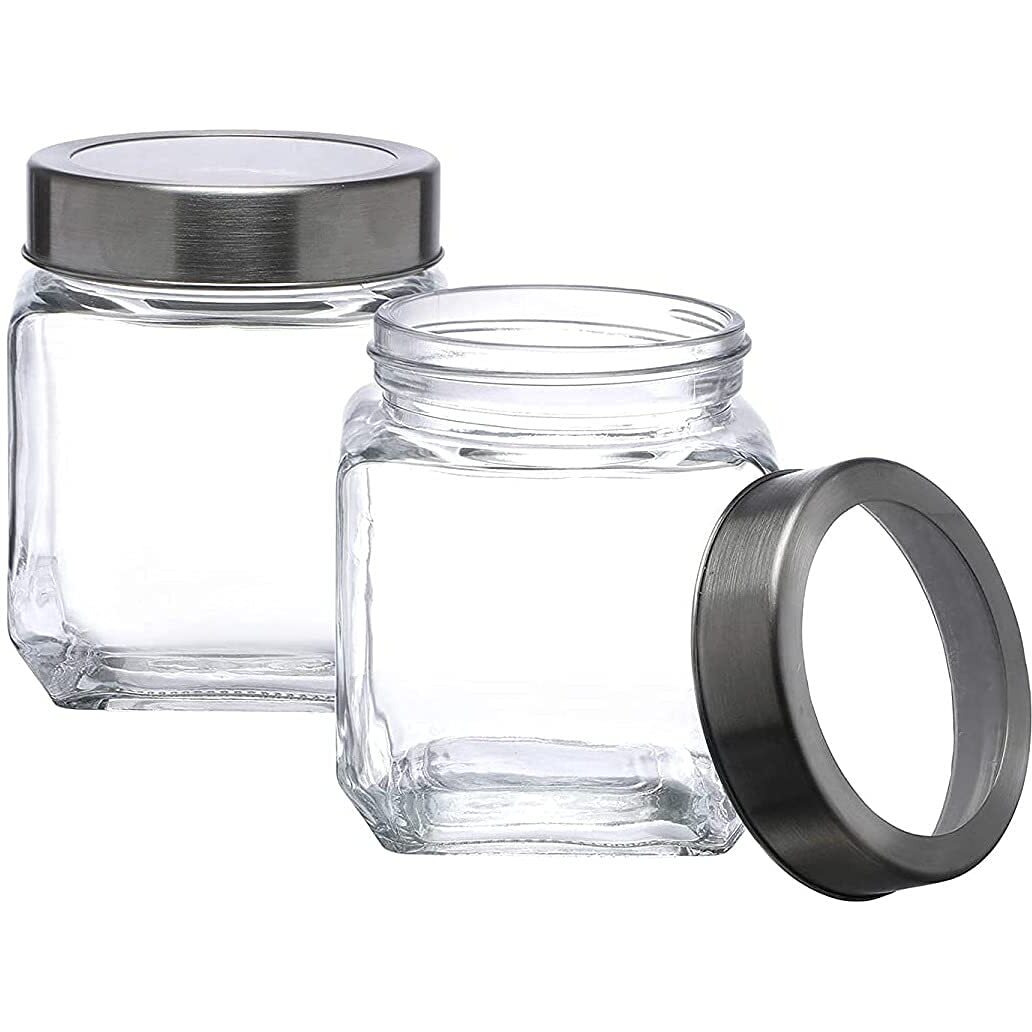 Feelopie Piramal Glass Square Clear Jars&Containers For Kitchen Pantry,Snacks,Masala,Honey,Pickles,Cookies,Dry Fruits,&Coffee Beans Storage With Stainless Steel Lid (Cube Jar) (600Ml,Set Of 4)