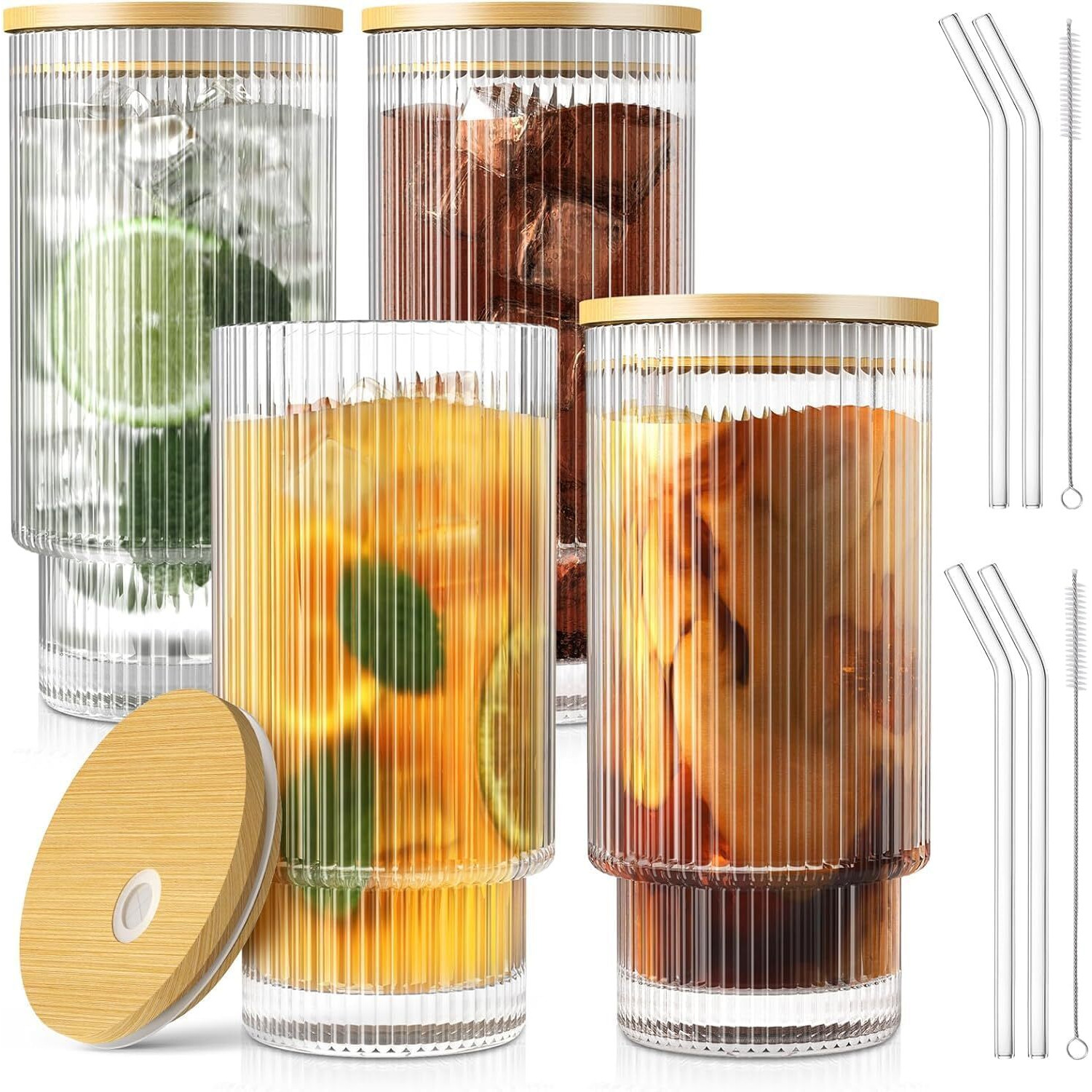 Kikiluxxa Lined Stuck Glass Tumbler With Straw And Lid - 300Ml - Pack Of 2 - Coffee Sipper Bottle For Kids Adults Fruit Juice Milk Mug With Straw (Hight Tight Can 2)