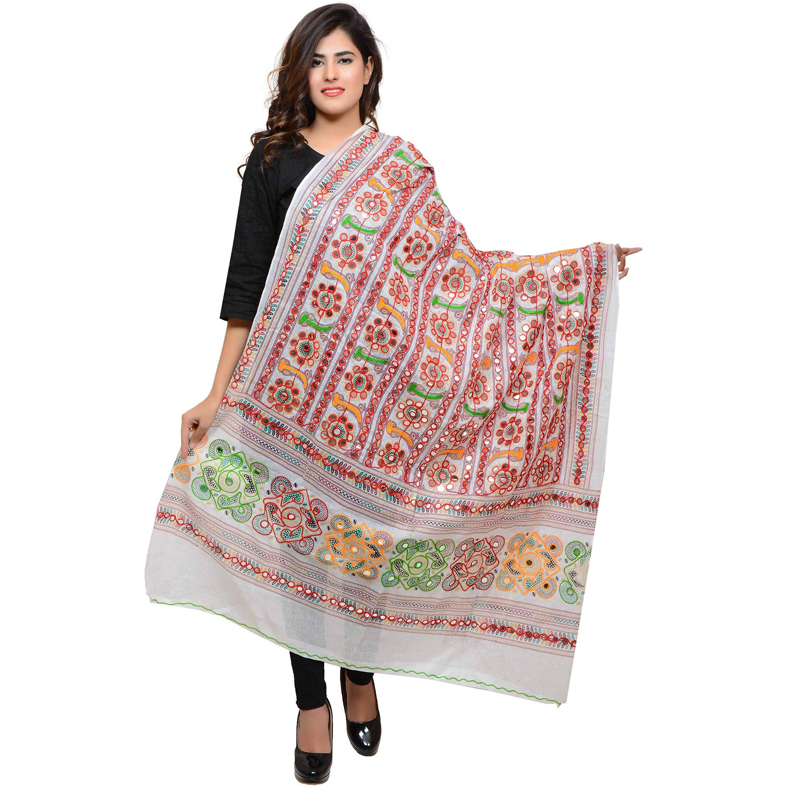 Banjara India Women's Cotton Embroidered Kutchi Dupatta Bharchak (White)