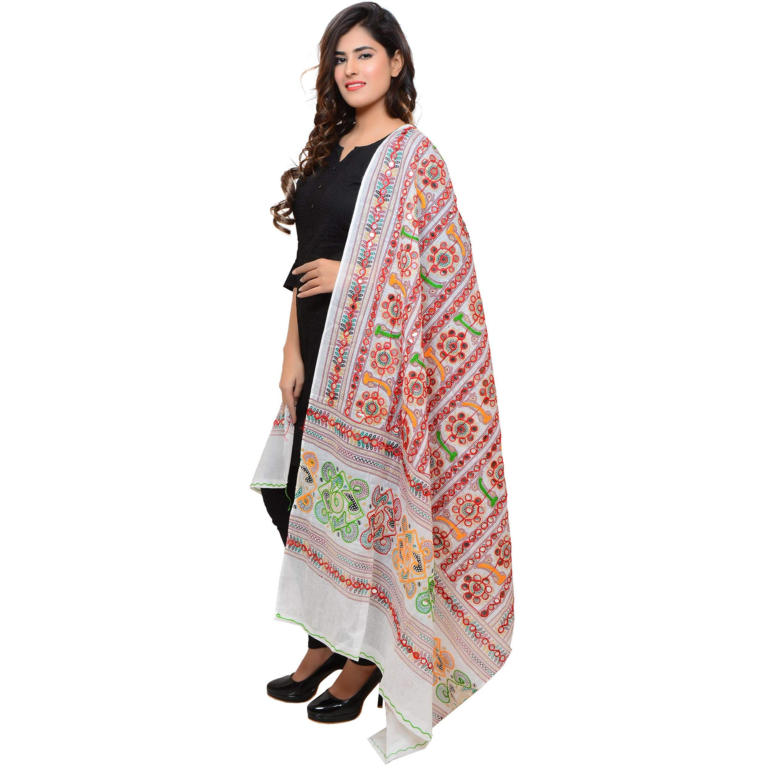 Banjara India Women's Cotton Embroidered Kutchi Dupatta Bharchak (White)