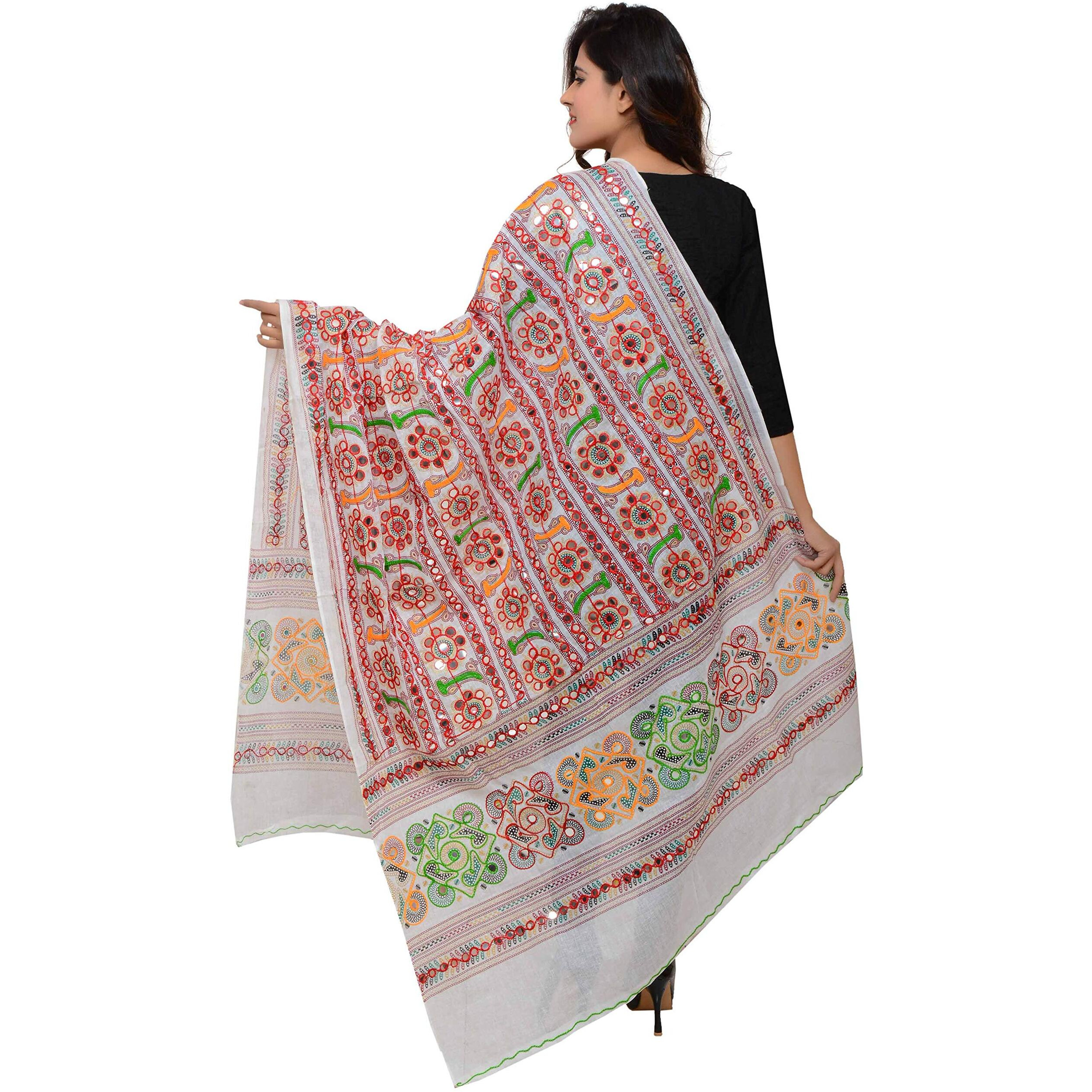 Banjara India Women's Cotton Embroidered Kutchi Dupatta Bharchak (White)