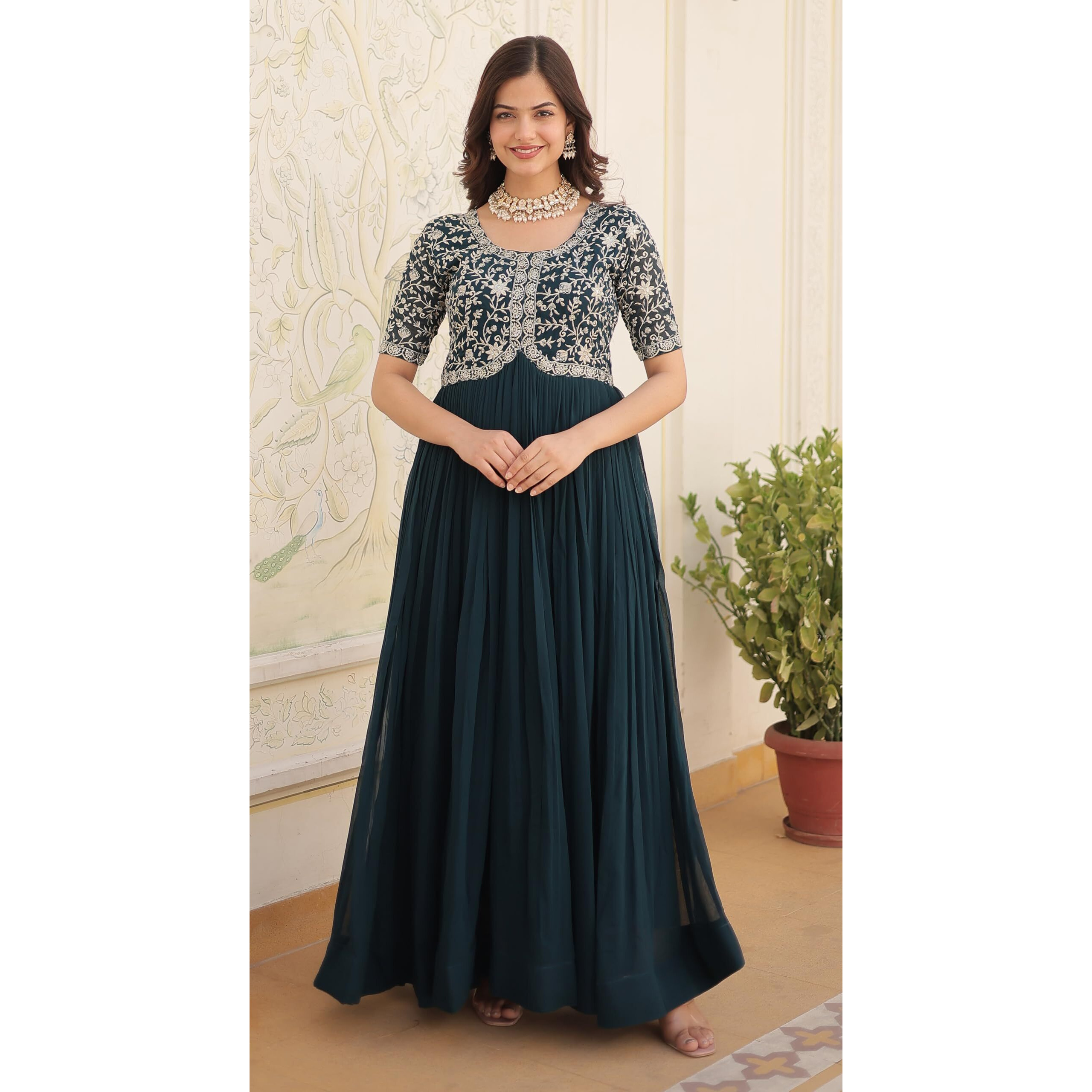 Fashion Basket Georgette Embroidered Anarkali Gown For Women Turquoise