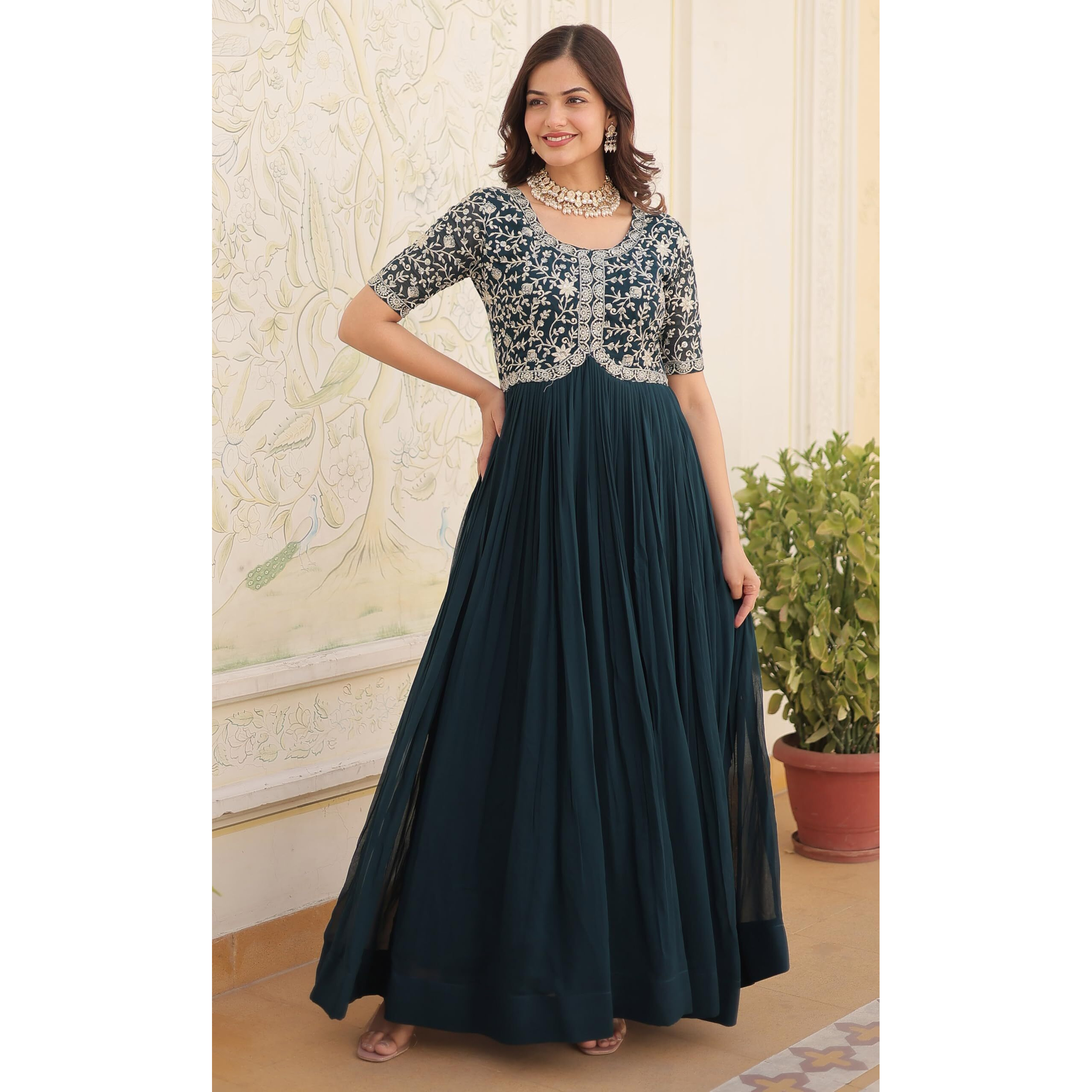 Fashion Basket Georgette Embroidered Anarkali Gown For Women Turquoise
