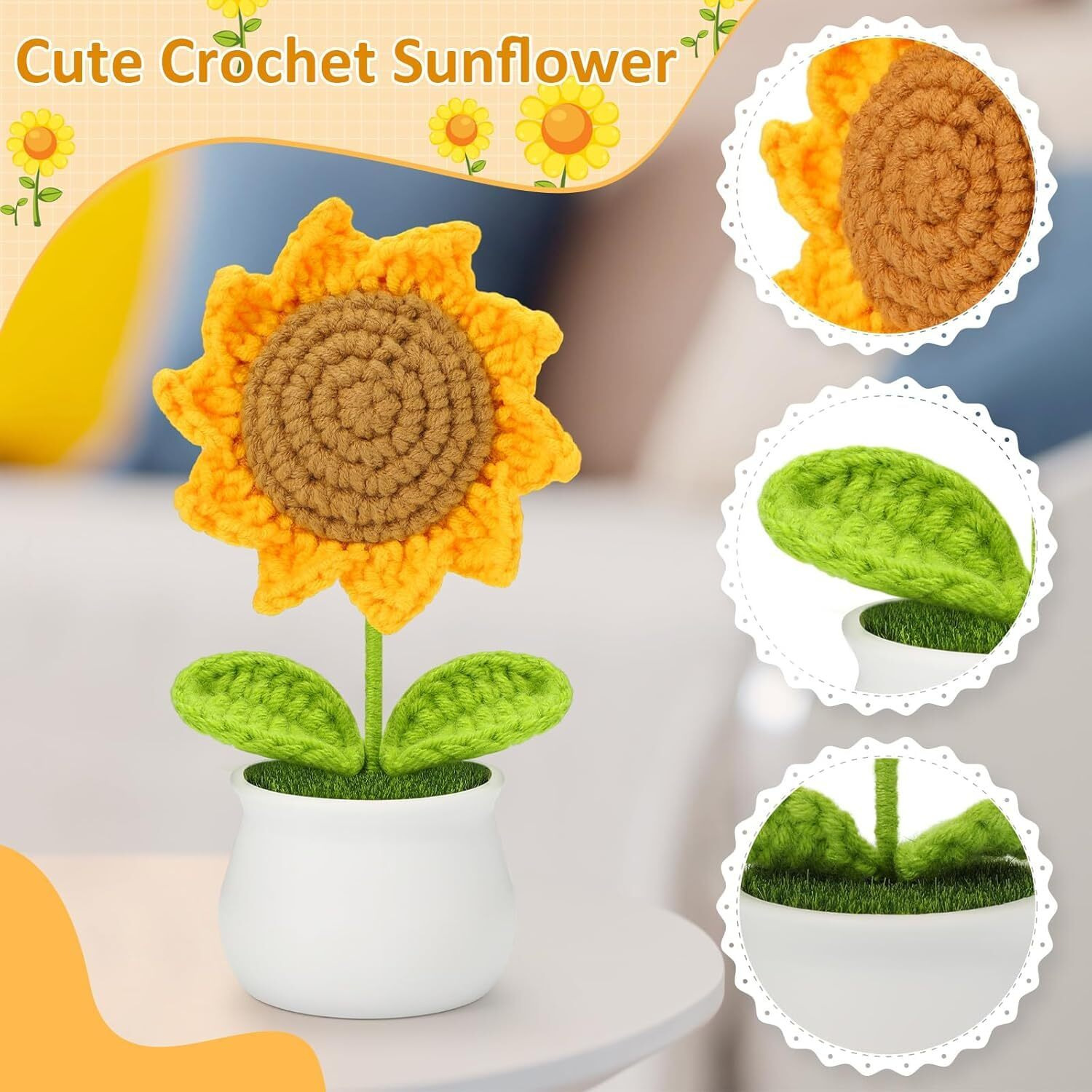 Mold Your Memories Handmade Sunflower Crochet Flower With Pot 2 Pc. Knitted Flower For Decoration, Home Dcor, Car Dashboard, Office Table, Table Centrepiece, Womens Day Gift.(2 Pc)
