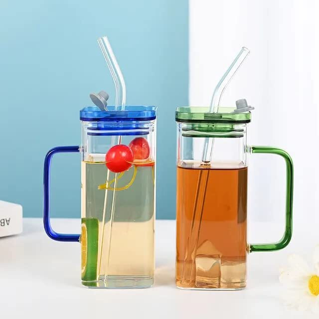 Kikiluxxa Soda Glass Tea Coffee Sipper Tumbler With Lid And Glass Straw- 400Ml- Glass Fruit Juice Milk Soda Water Drinking Glass Mug With Starw Cup - Pack Of 2 (Captown Tumbler 2)