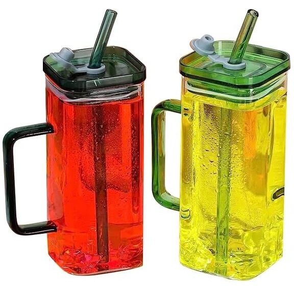 Kikiluxxa Soda Glass Tea Coffee Sipper Tumbler With Lid And Glass Straw- 400Ml- Glass Fruit Juice Milk Soda Water Drinking Glass Mug With Starw Cup - Pack Of 2 (Captown Tumbler 2)