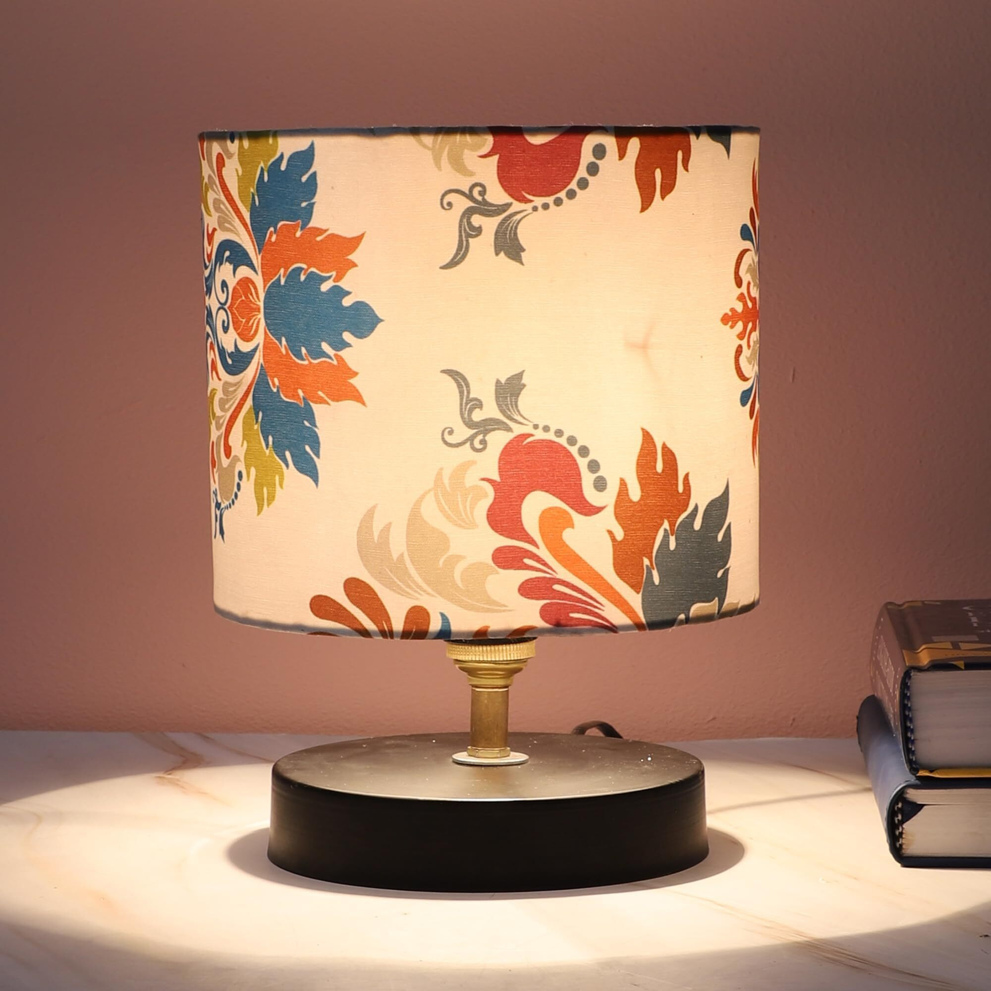 Tu Casa Black Metal Table Lamp For Home Decoration, Bedroom, Living Room, Lounge, Office, Festival Gifting, Study Table (English Oak Print With Satin Shade) H - 9" / No Blub