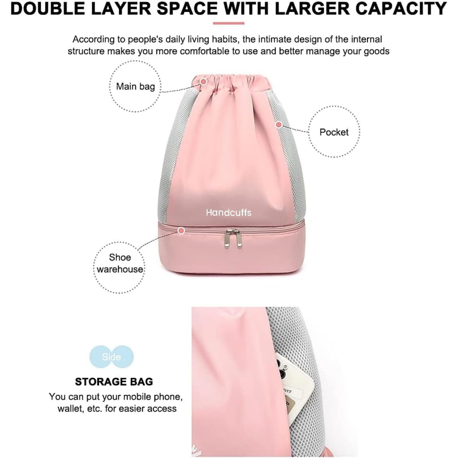Handcuffs Drawstring Backpack Casual Sports Bag For Men & Women Swimming Pool Hiking Beach Gym Backpacks Bag (Peach)