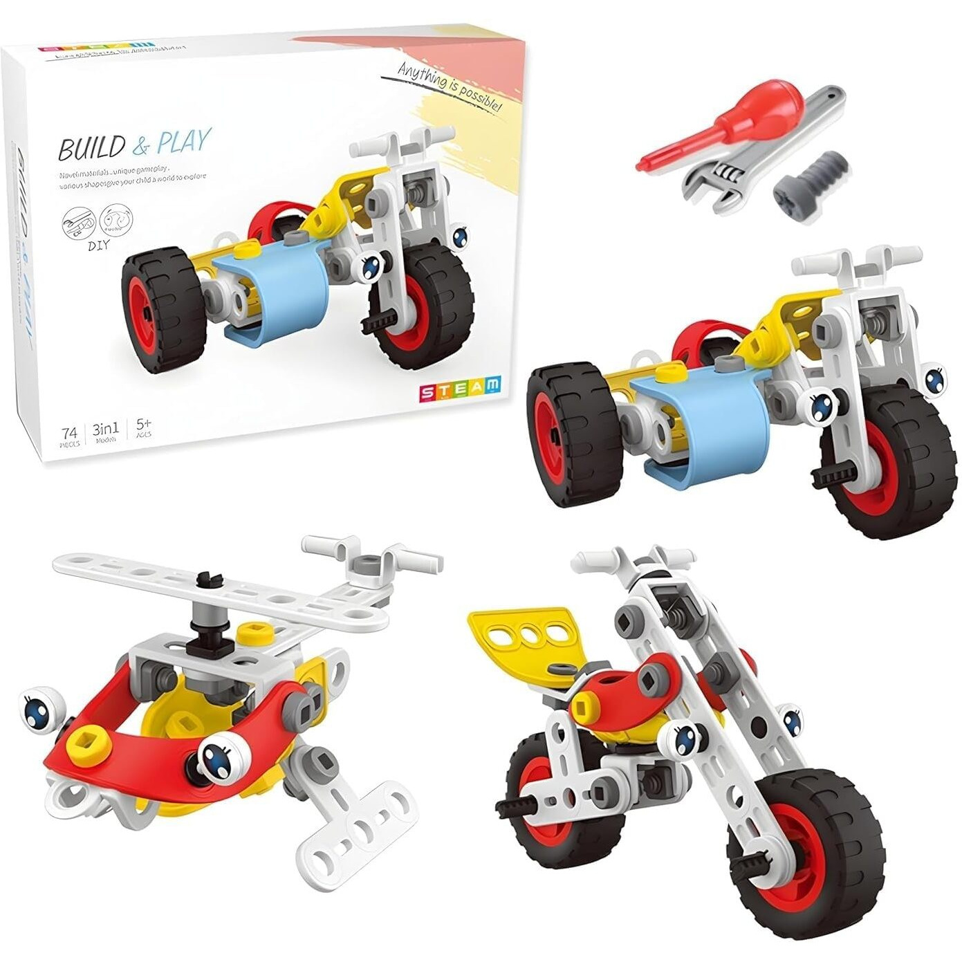Umadiya 3 In 1 Helicopter Motorcycle Tricycle Stem Building 74 Pcs Diy Toys Build And Play Kit Models Educational Engineering Building Blocks And Bricks Construction Learning Toy For Kids