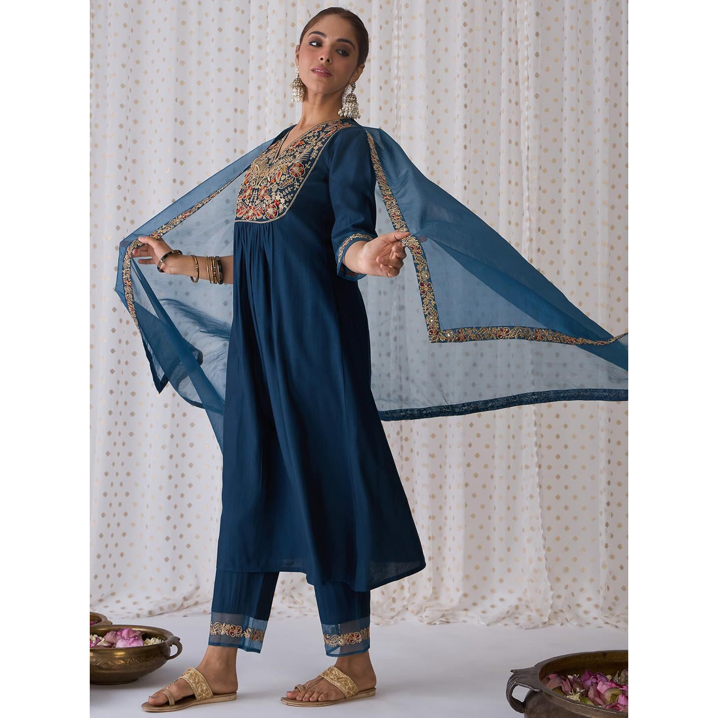 Indo Era Women's Embroidered Viscose A-Line Kurta Pant With Dupatta Set (Kh1Tl6112_Xx-Large),Teal
