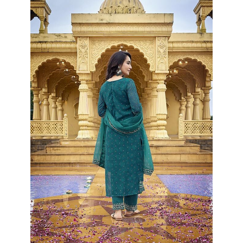 Royal Export Women's Faux Georgette Ethnic Motifs Embroidered Straight Kurta Pant With Dupatta (Rx56 Zrama_Rama Green_L)