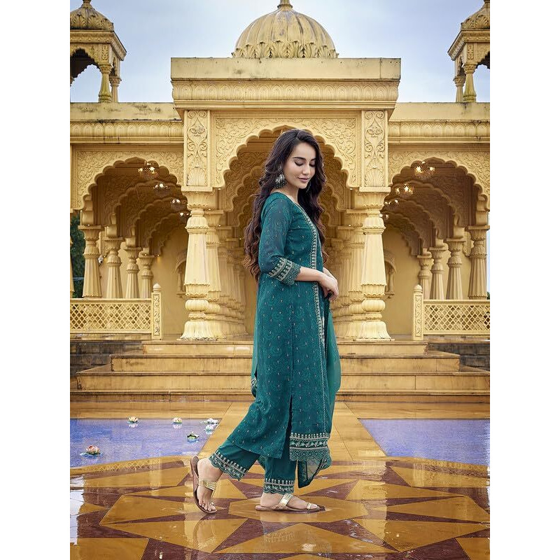 Royal Export Women's Faux Georgette Ethnic Motifs Embroidered Straight Kurta Pant With Dupatta (Rx56 Zrama_Rama Green_L)