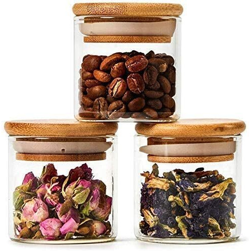 Jinelza 220 Ml Glass Jars With Wooden Lid Glass Jar Set Food Storage Containers Borosilicate Glass Jar Set/Suit For Sugar,Salt,Coffee,Tea,And Other Dry Food Storage (220Ml Jars,3 Pcs) Transparent