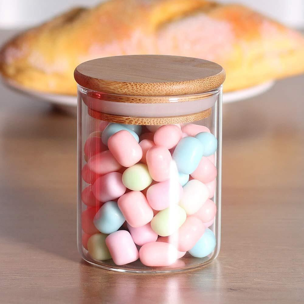 Jinelza 220 Ml Glass Jars With Wooden Lid Glass Jar Set Food Storage Containers Borosilicate Glass Jar Set/Suit For Sugar,Salt,Coffee,Tea,And Other Dry Food Storage (220Ml Jars,3 Pcs) Transparent