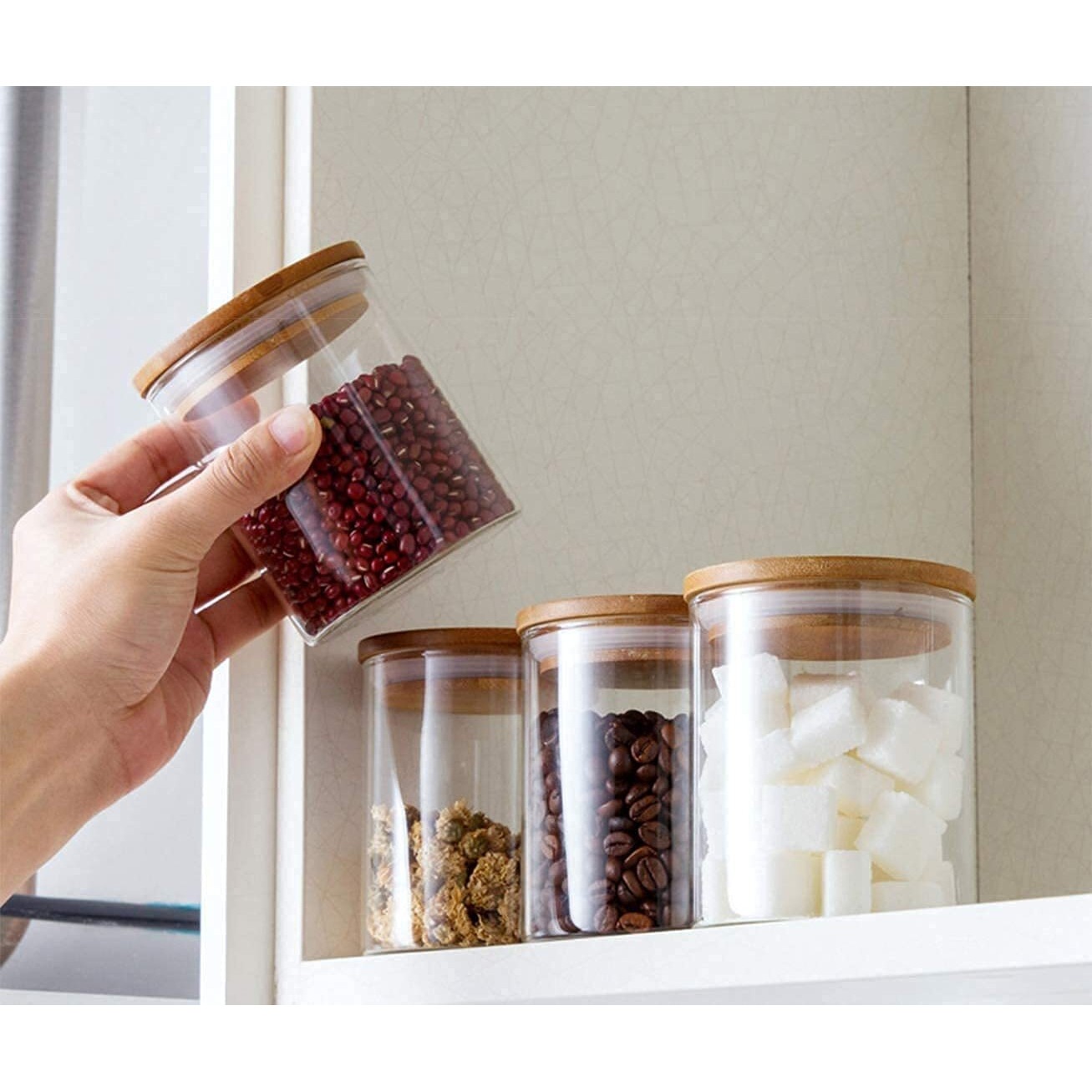 Jinelza 220 Ml Glass Jars With Wooden Lid Glass Jar Set Food Storage Containers Borosilicate Glass Jar Set/Suit For Sugar,Salt,Coffee,Tea,And Other Dry Food Storage (220Ml Jars,3 Pcs) Transparent