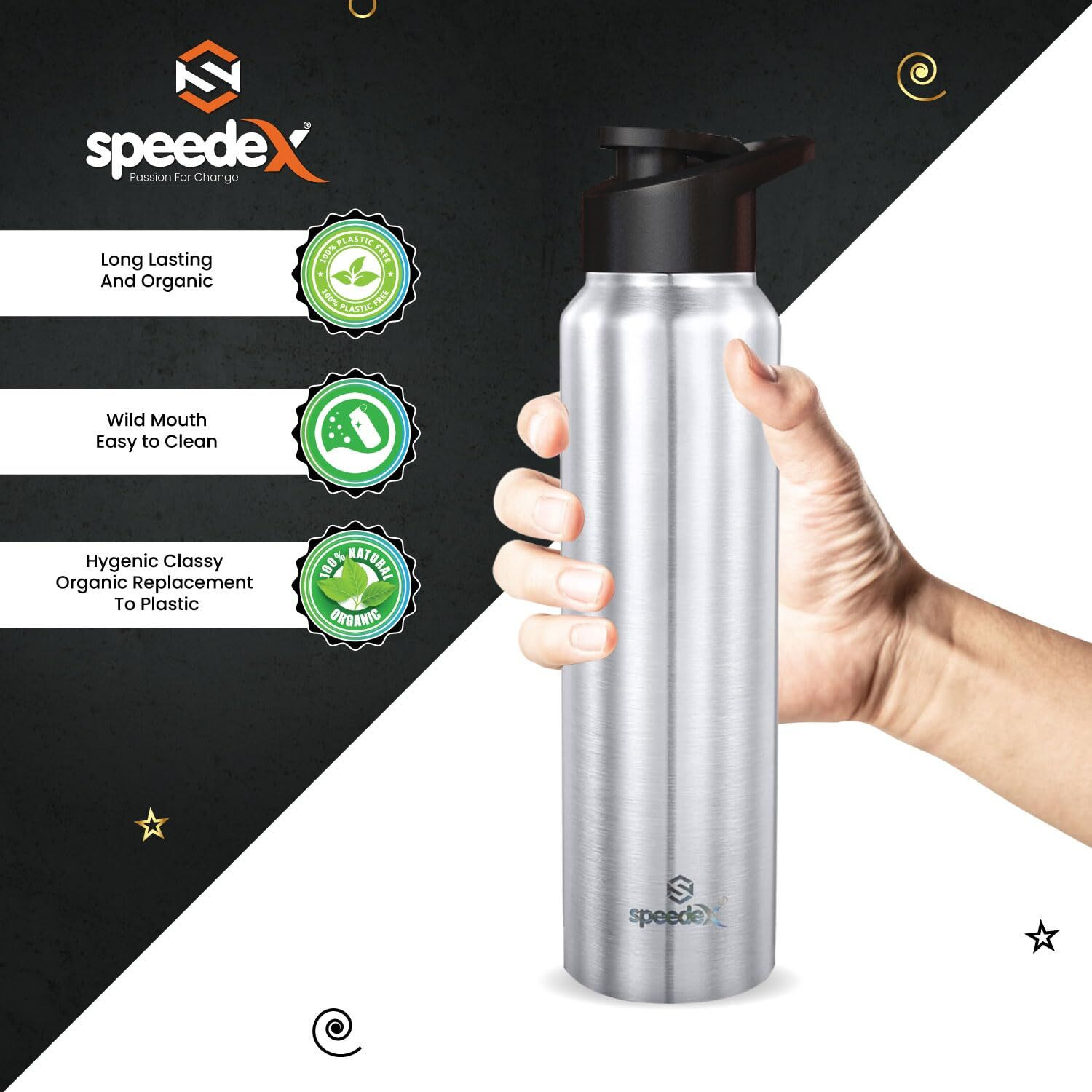 Speedex Stainless Steel Water Bottle 1 Litre, Leakproof Sipper Cap 1 Ltr, Steel Grey, Bottles 1+ Litre For School, Gym, Office, Boys, Girls, Men, Women, Kids 1Ltr - 1000 Ml - Set Of 2