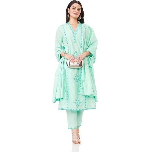 Amazon Brand - Myx Women's Embroidered Cotton Kurta Pant Set With Dupatta (Ss25-Myx-Shu-Ks_01_Green_Xs)