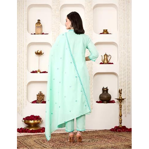 Amazon Brand - Myx Women's Embroidered Cotton Kurta Pant Set With Dupatta (Ss25-Myx-Shu-Ks_01_Green_Xs)