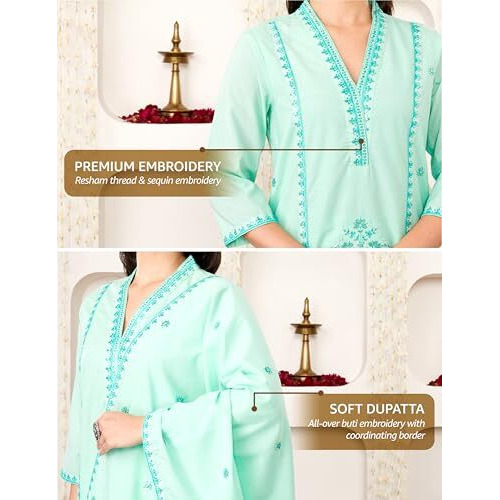 Amazon Brand - Myx Women's Embroidered Cotton Kurta Pant Set With Dupatta (Ss25-Myx-Shu-Ks_01_Green_Xs)