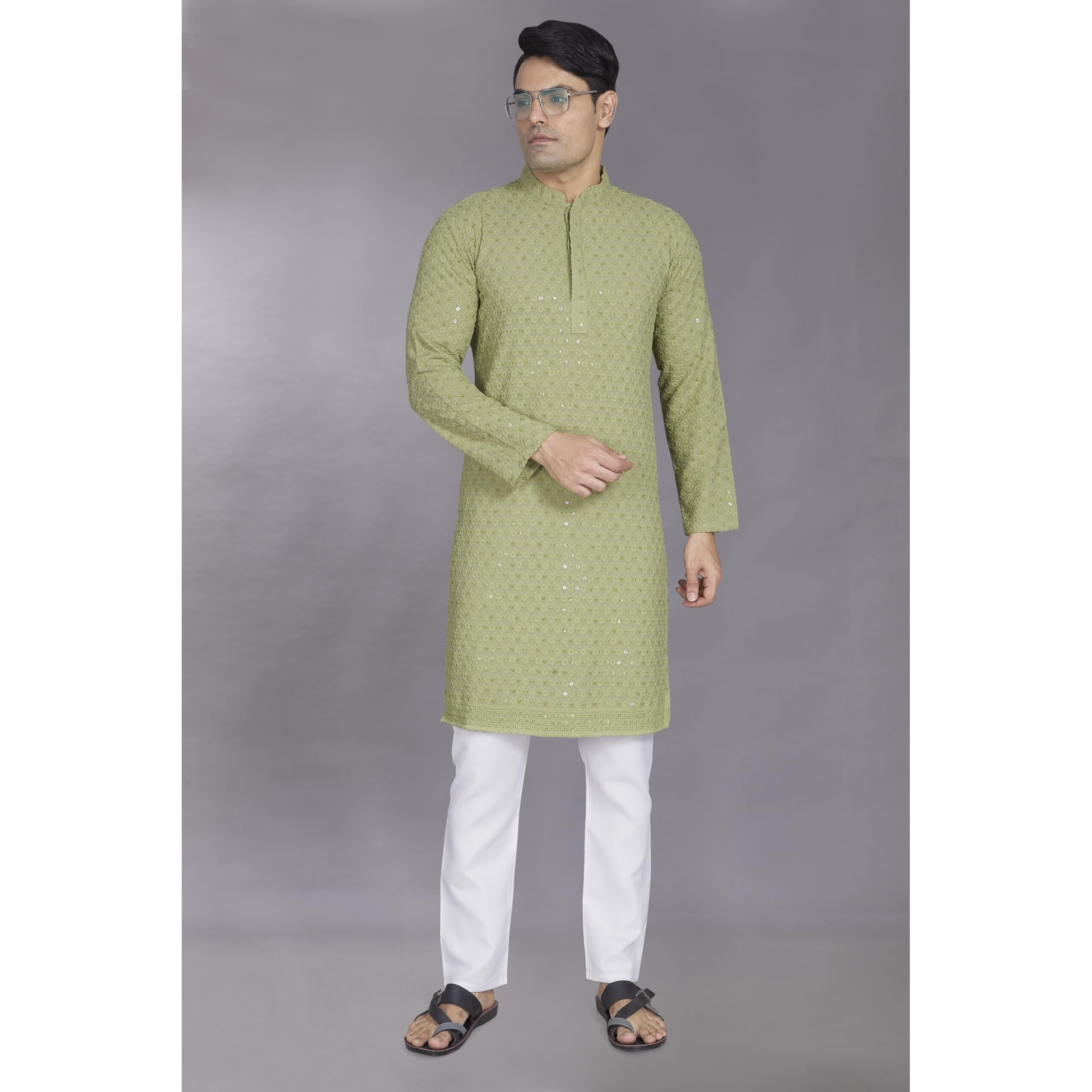 Divisive Men's Sequince Embroidered Cotton Blend Only Slim Fit Kurta (Dkrt882_M_Pista)