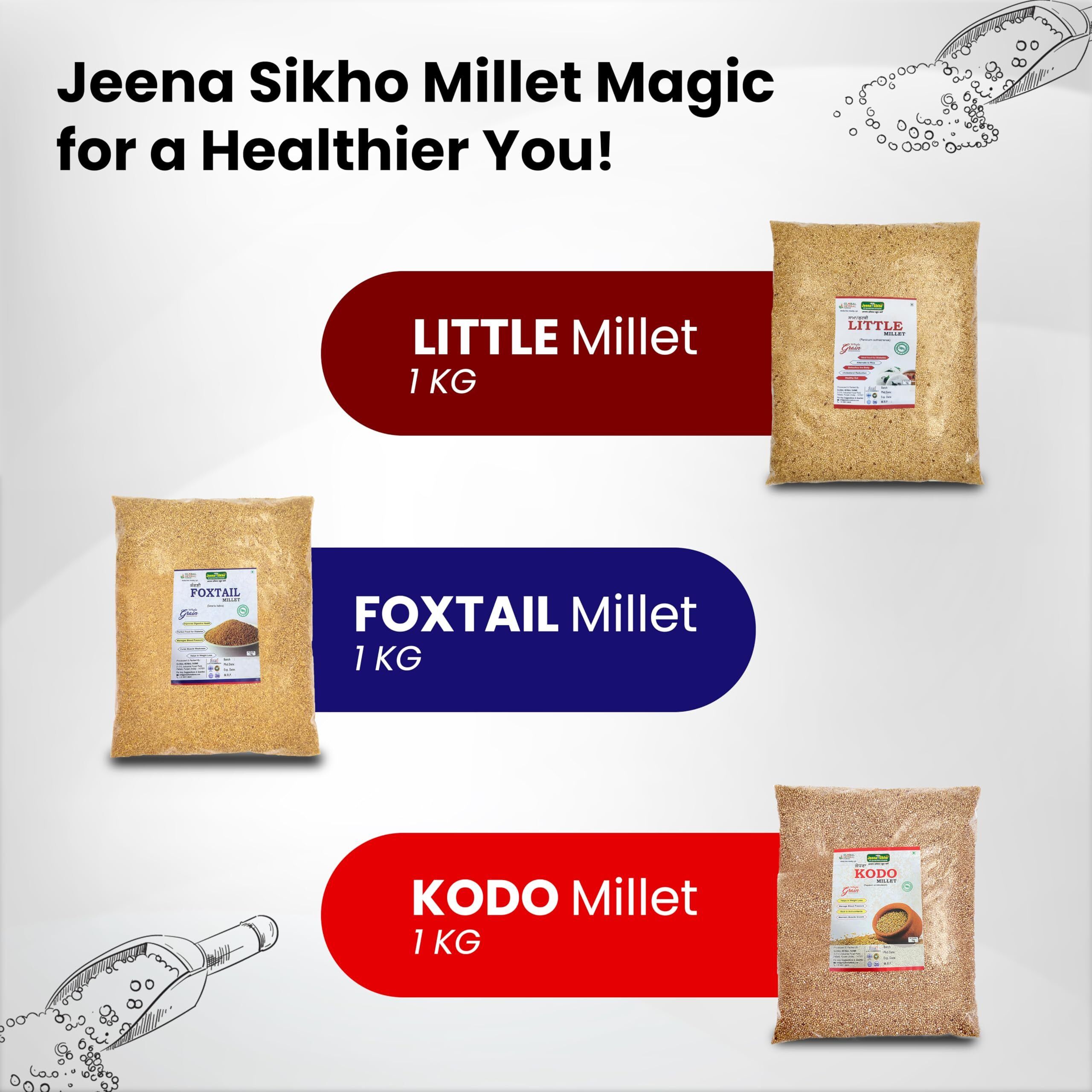 Jeena Sikho Foxtail Millets - 1Kg Little Millet - 1Kg & Kodo Millet 1- Kg Combo Pack| Certified Organic & Fibre Rich | Unpolished Whole Millets | Natural Grains | Gluten Free